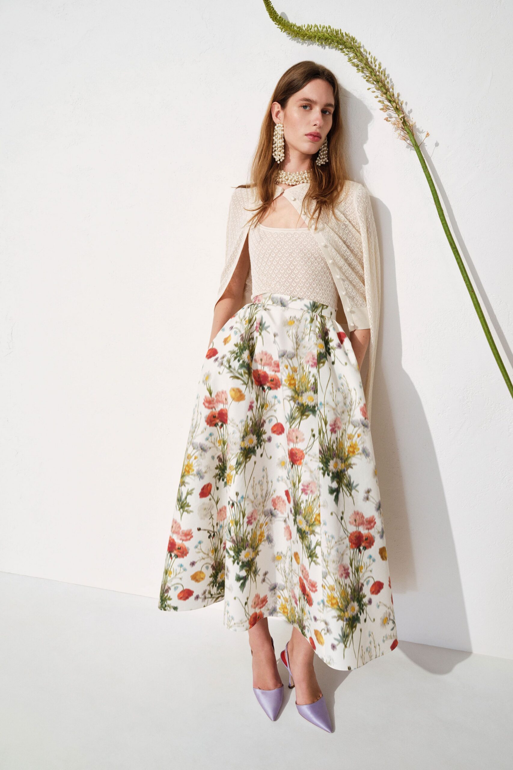 white cotton relaxed flared printed maxi skirt