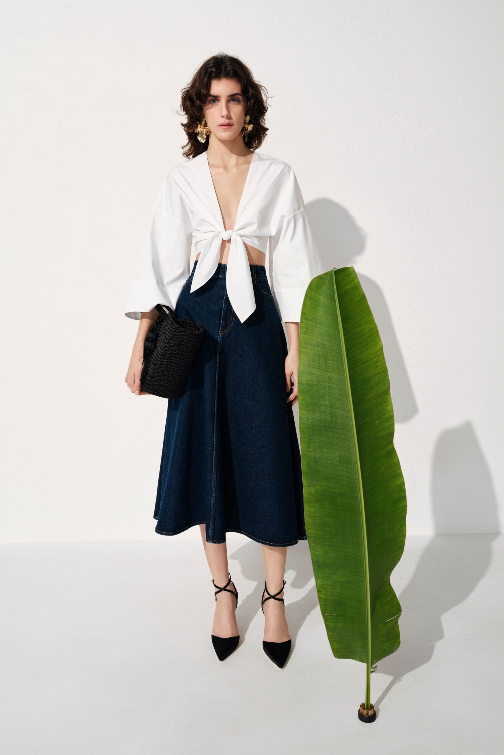 blue denim relaxed a-line midi skirt