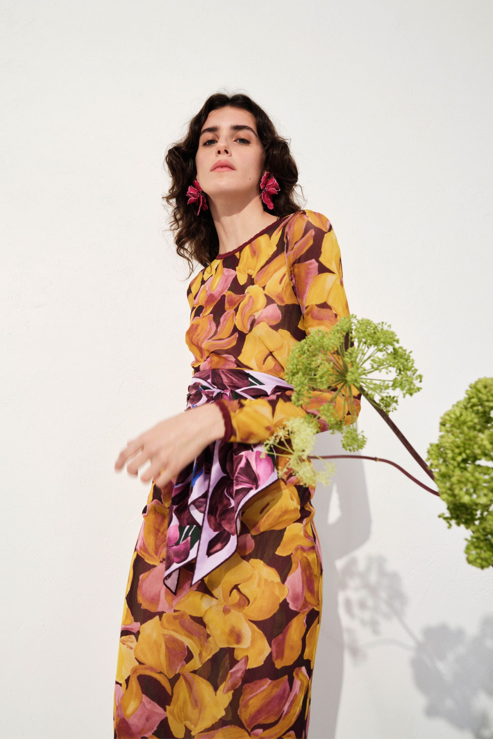 floral silk long-sleeve midi dress