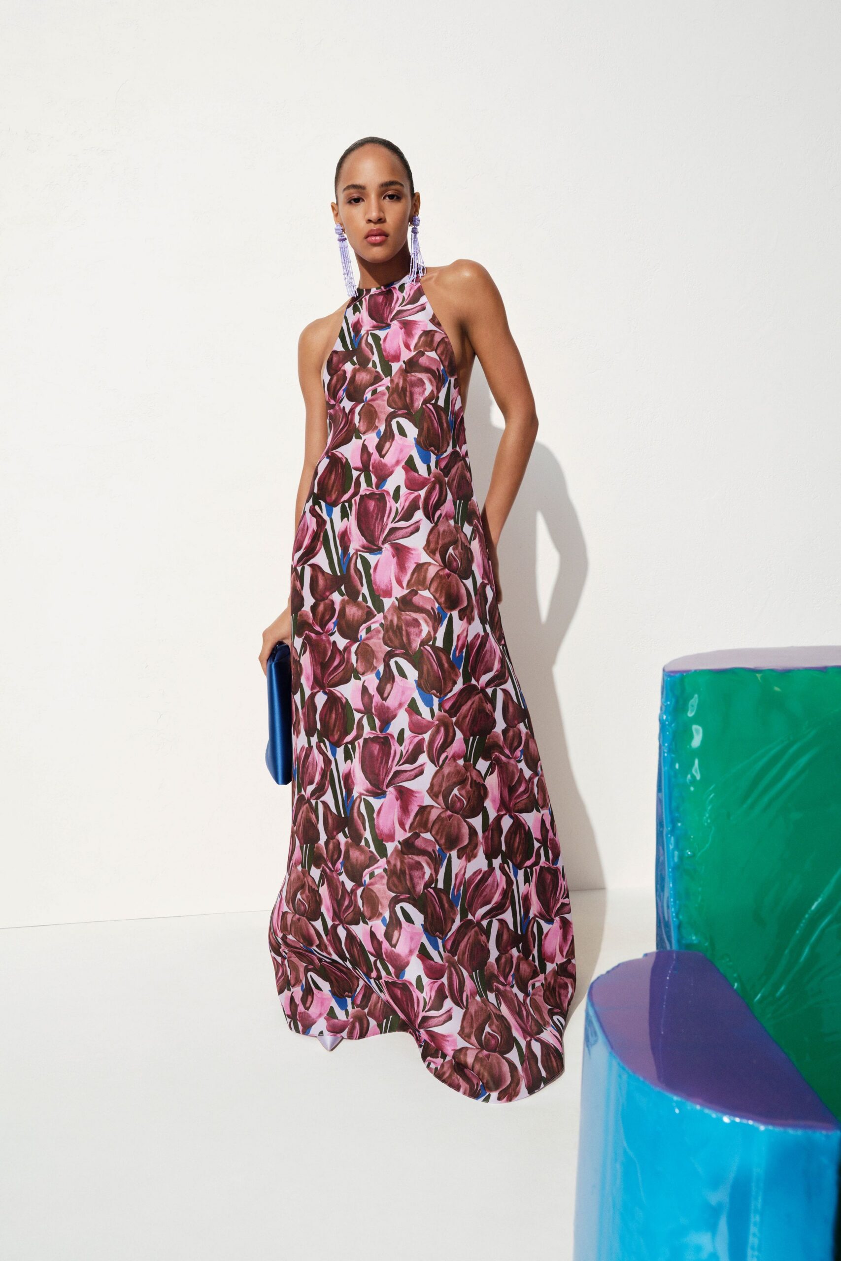 pink silk sleeveless halter fitted floral maxi gown
