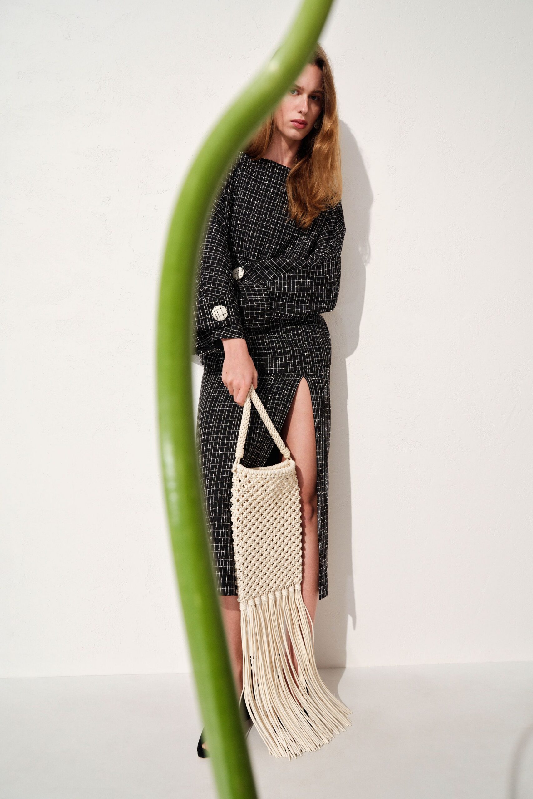 black cotton long-sleeve slit fitted checked midi dress