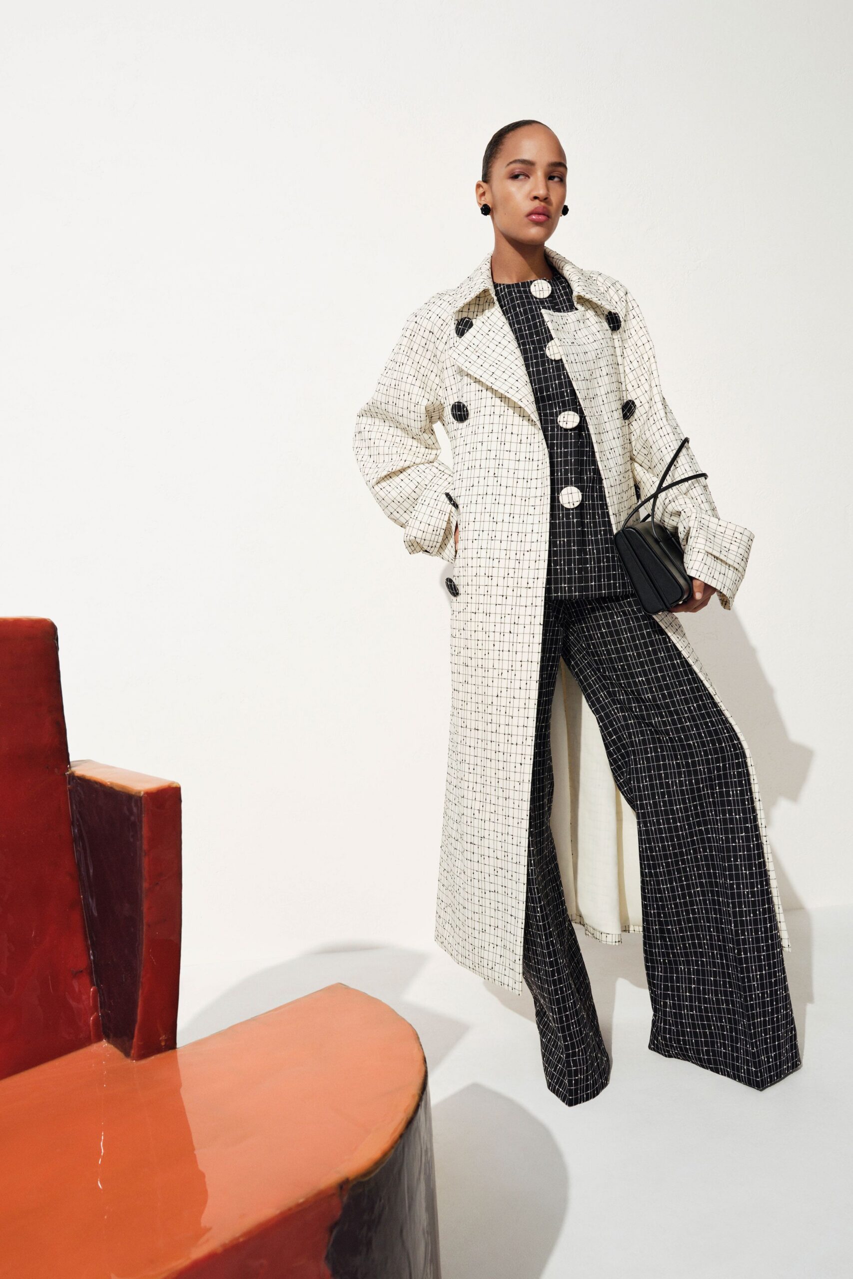 white tweed long-sleeve collared relaxed buttoned maxi coat