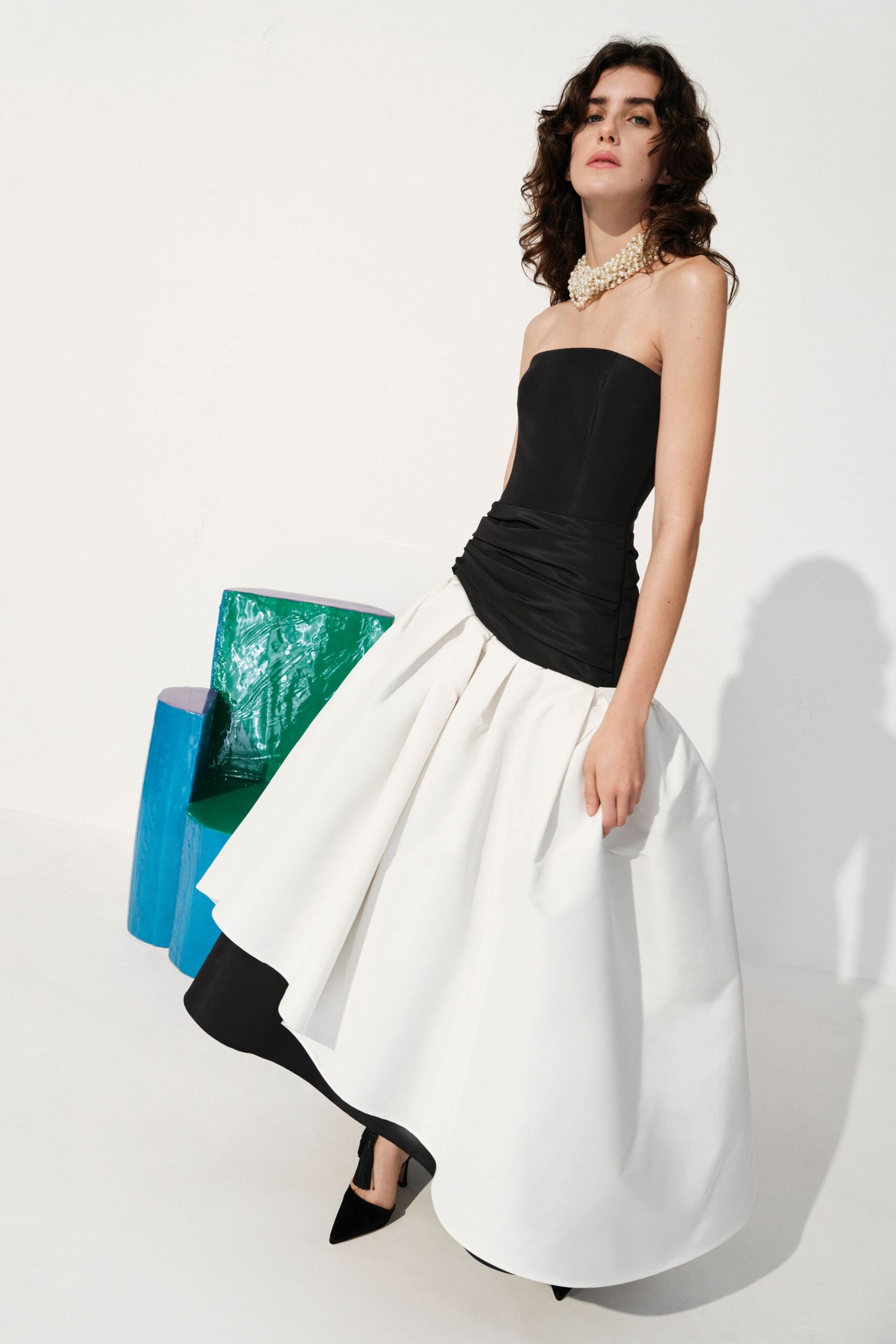 black silk strapless fitted pleated draped midi gown