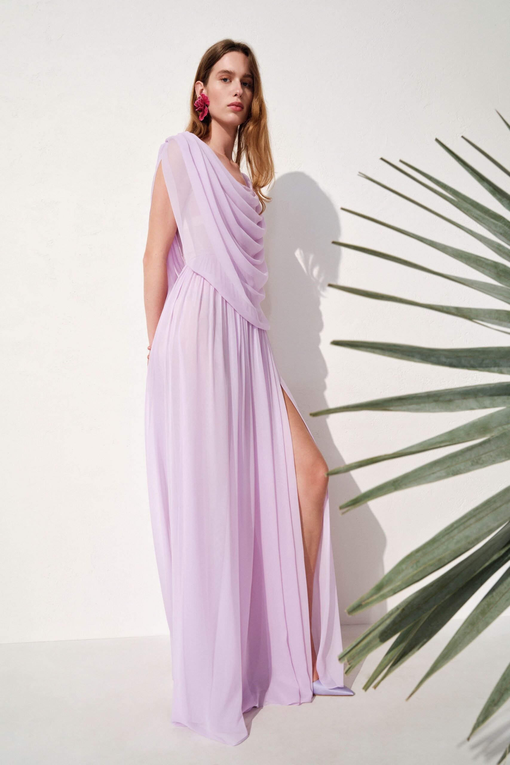 lavender flowing sleeveless gown