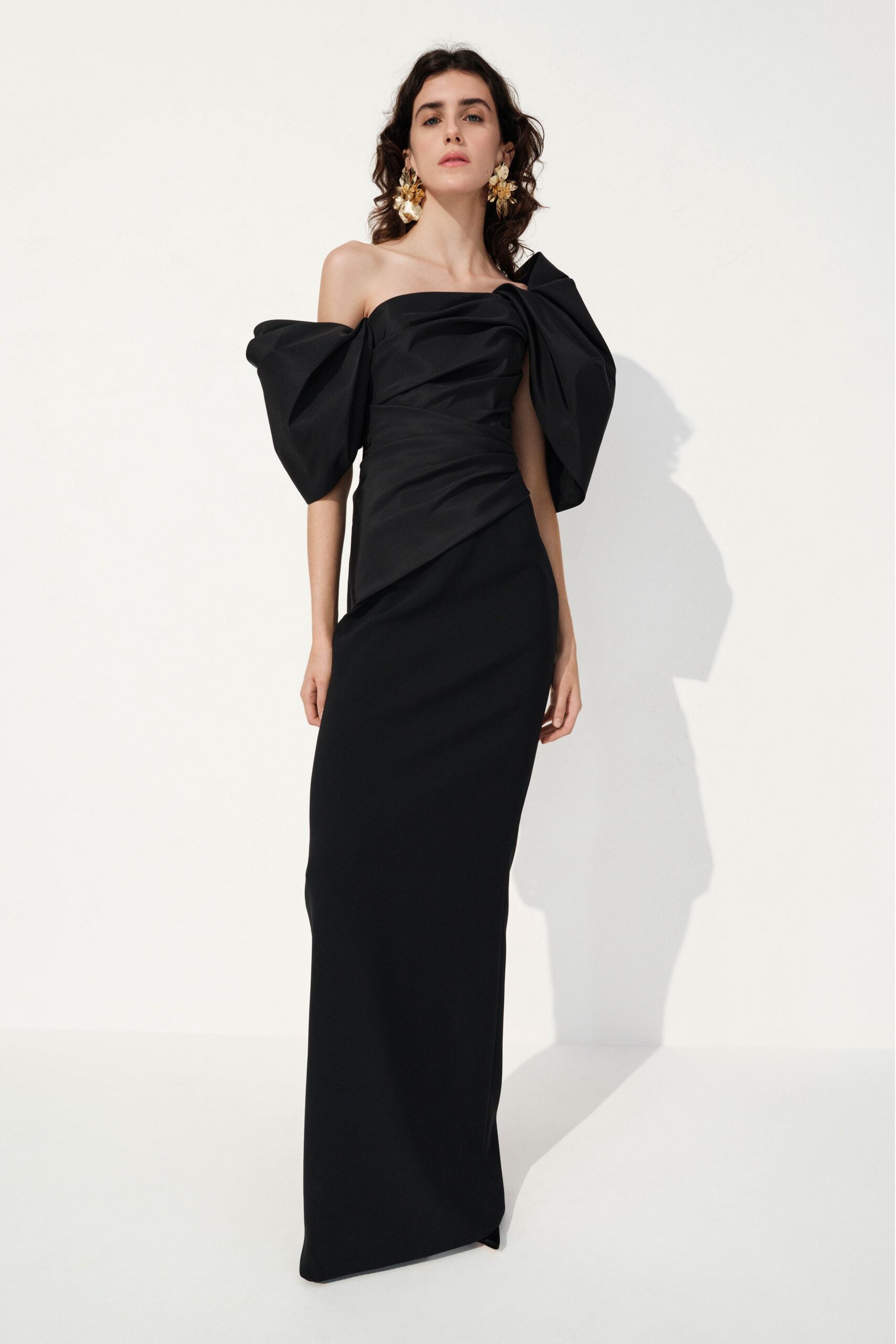 black silk off-shoulder gown