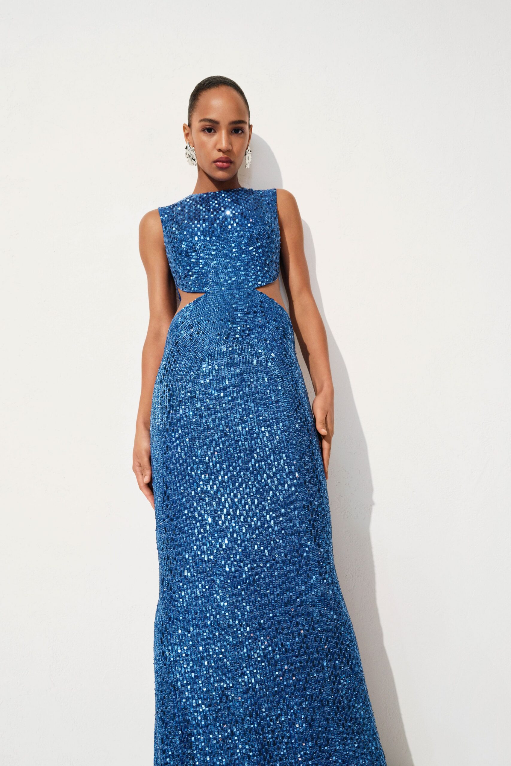blue sequin sleeveless gown