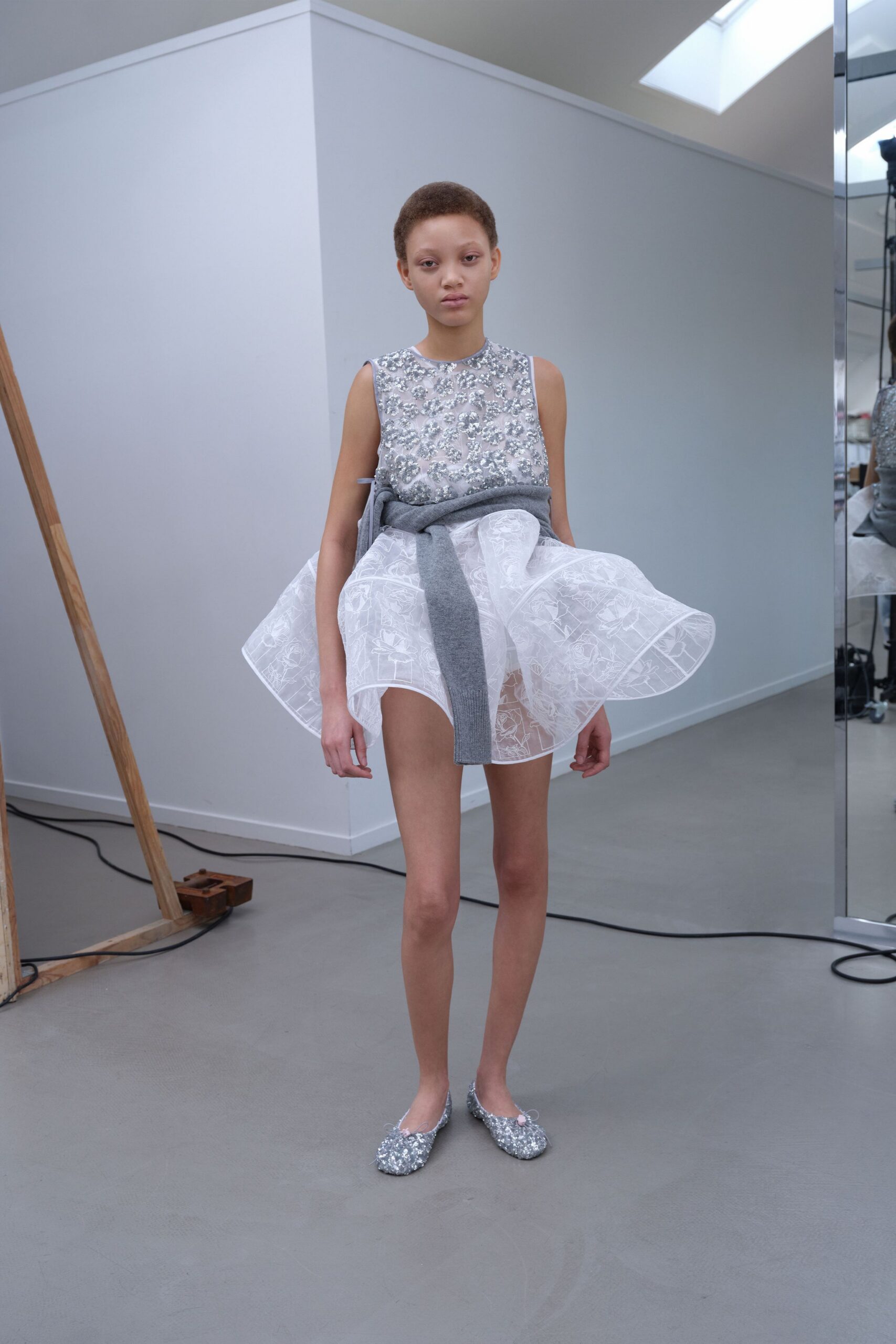 white lace sleeveless high-neck fitted pleated embroidered dress