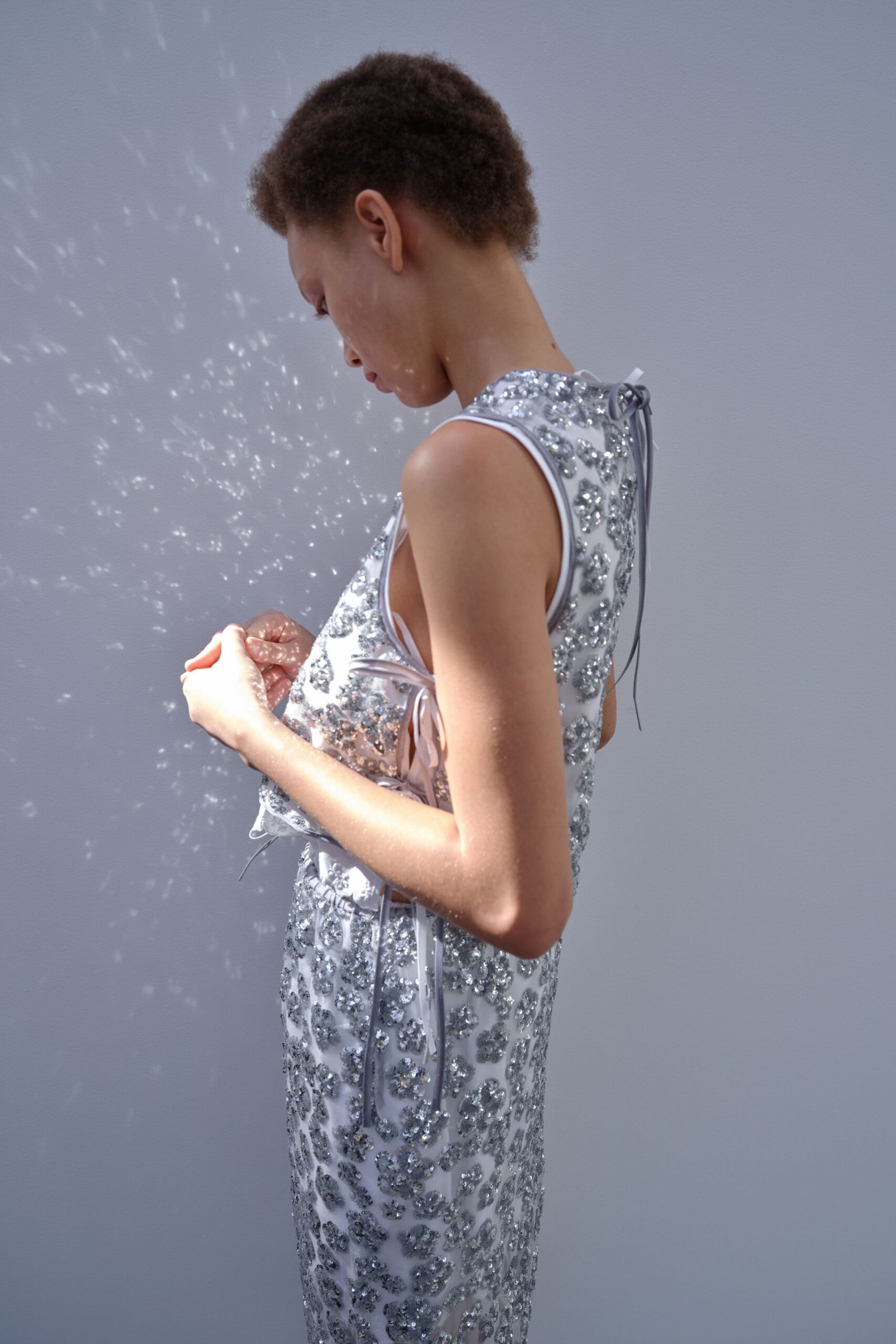silver embroidered sleeveless dress
