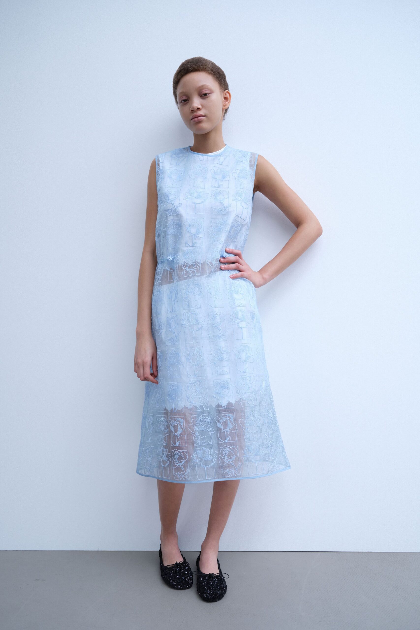 blue silk sleeveless high-neck fitted embroidered layered dress