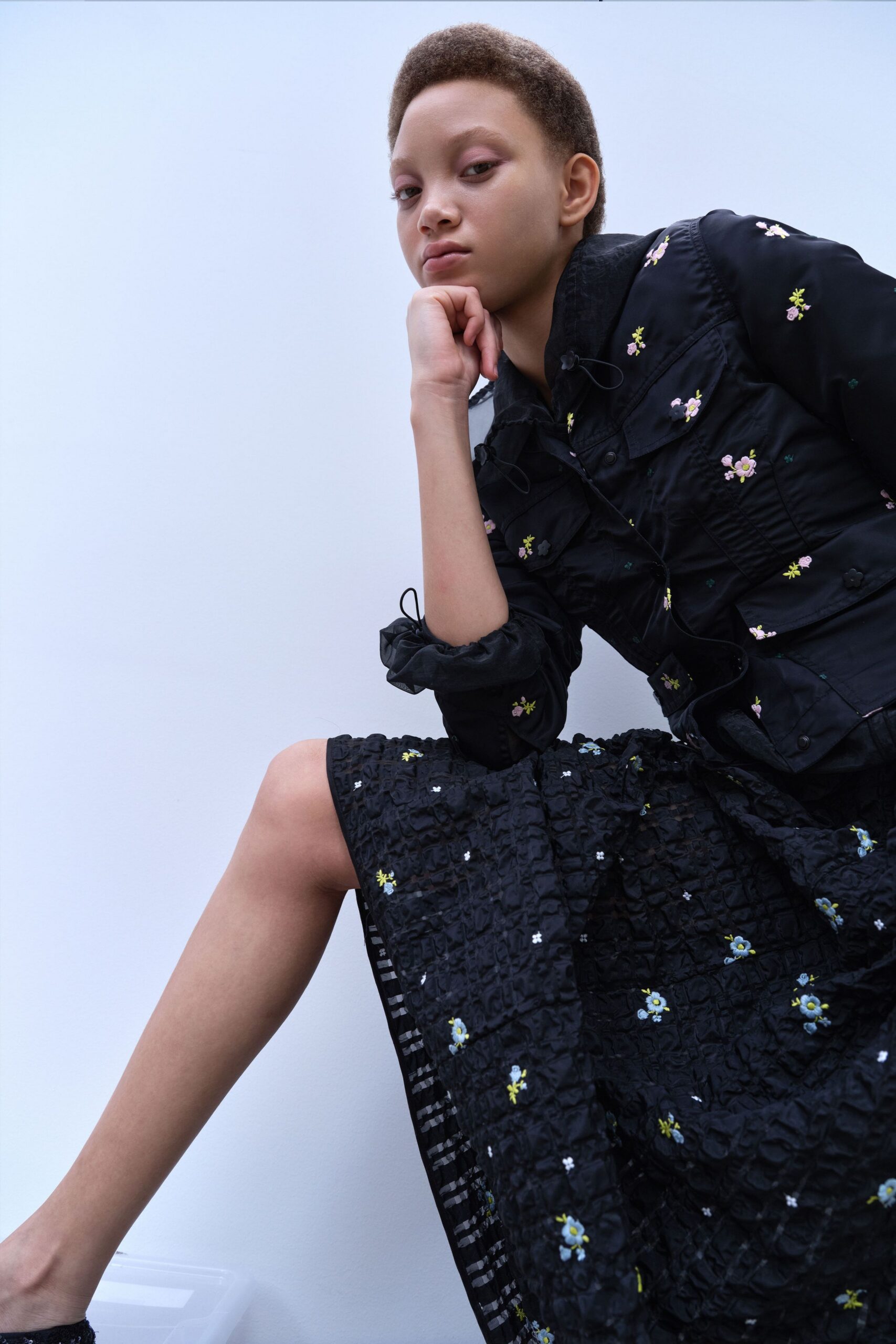 black cotton long-sleeve collared fitted embroidered pleated dress