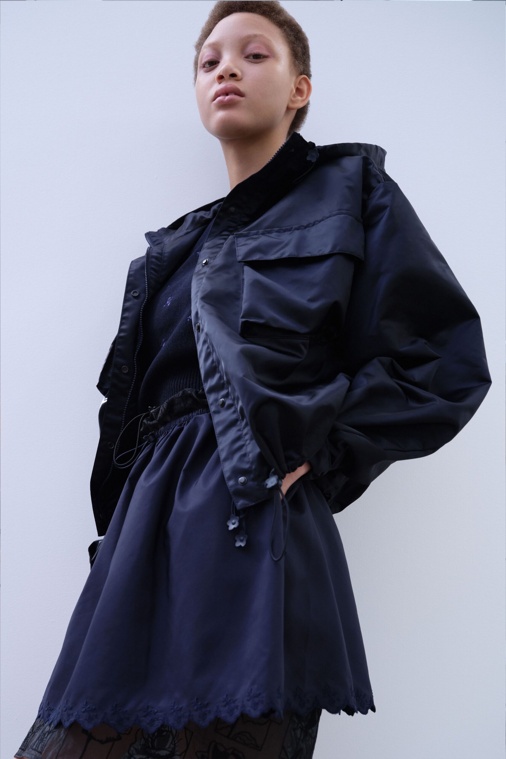 black silk fitted high-waisted ruffled skirt