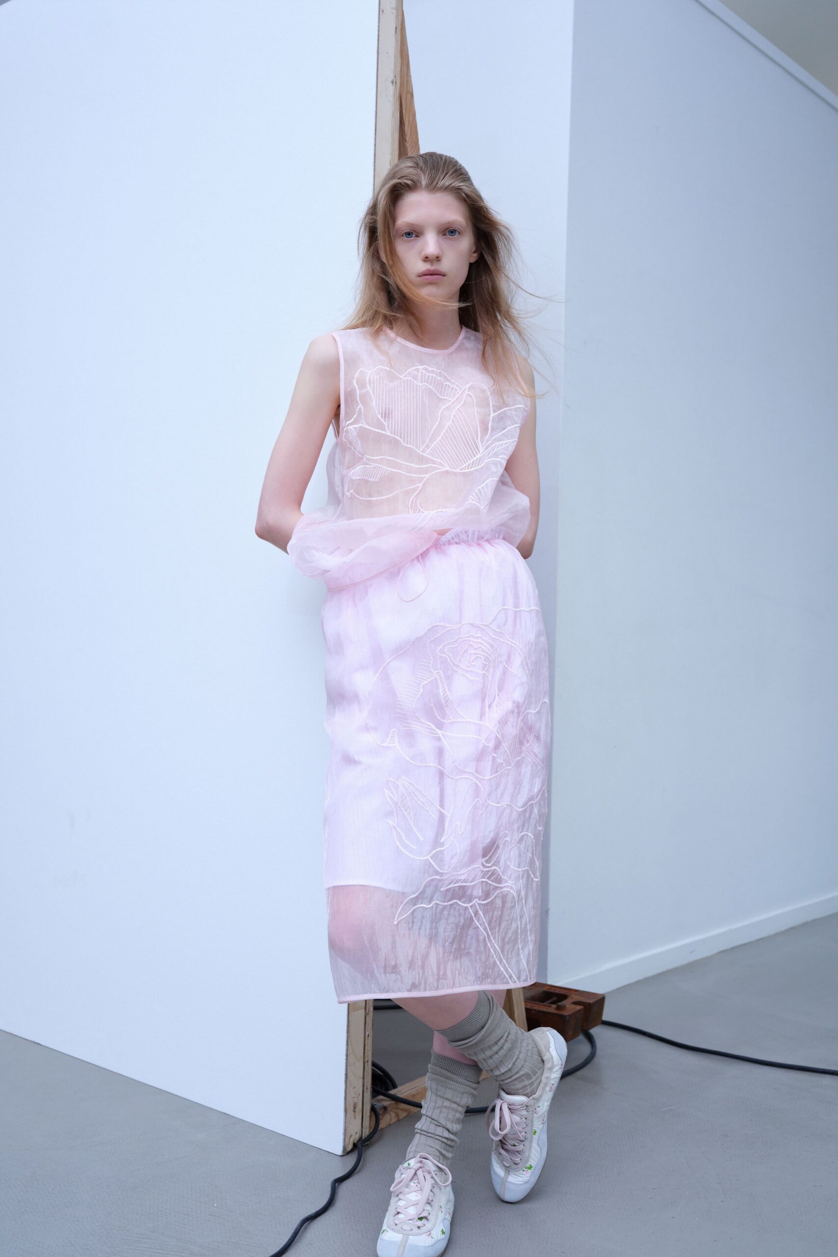 pink silk sleeveless v-neck fitted embroidered layered dress