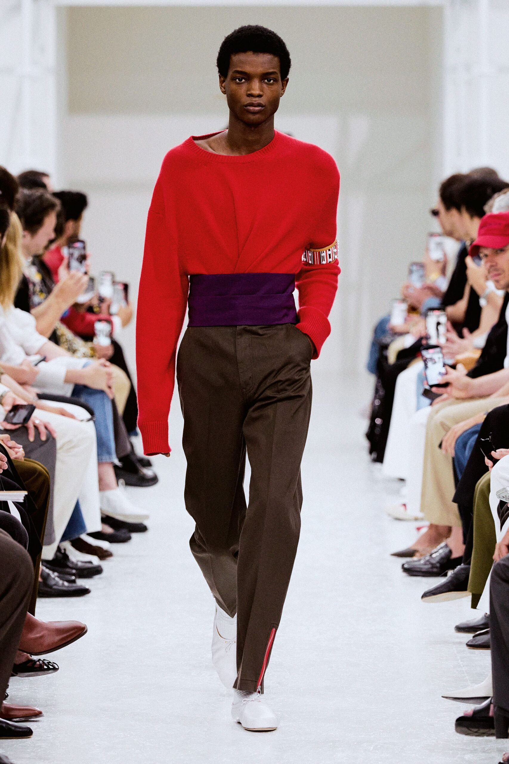 red cotton long-sleeve collared relaxed layered top
