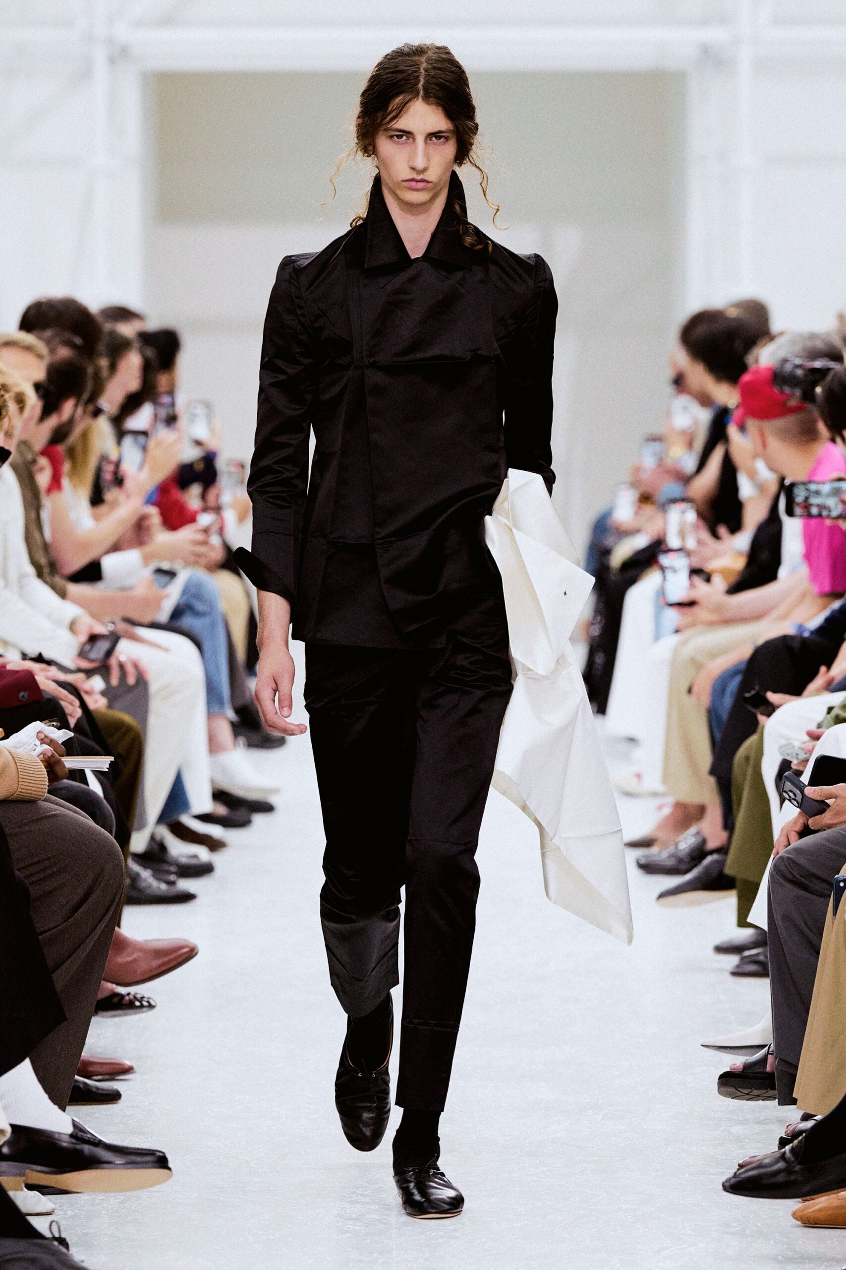 black silk jacket and pants with white coat