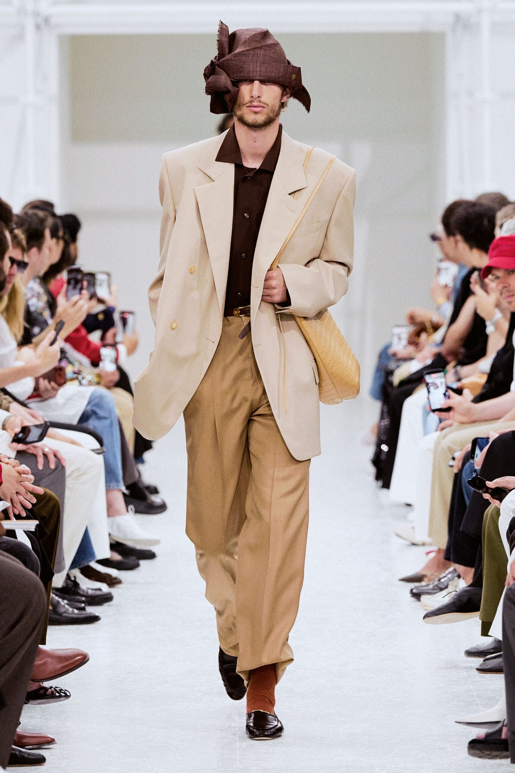 beige oversized blazer with brown shirt