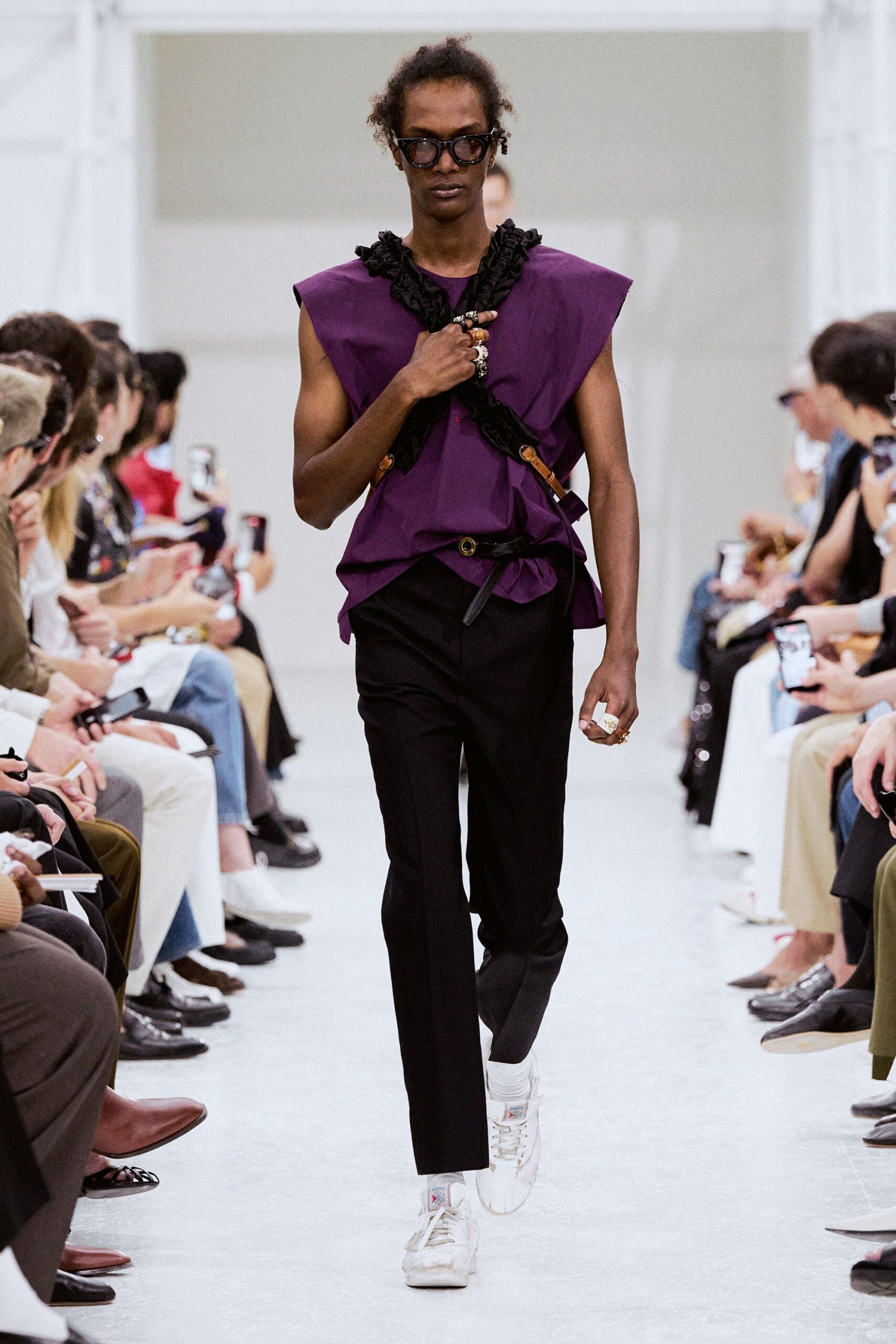 purple cotton sleeveless v-neck relaxed ruffled top