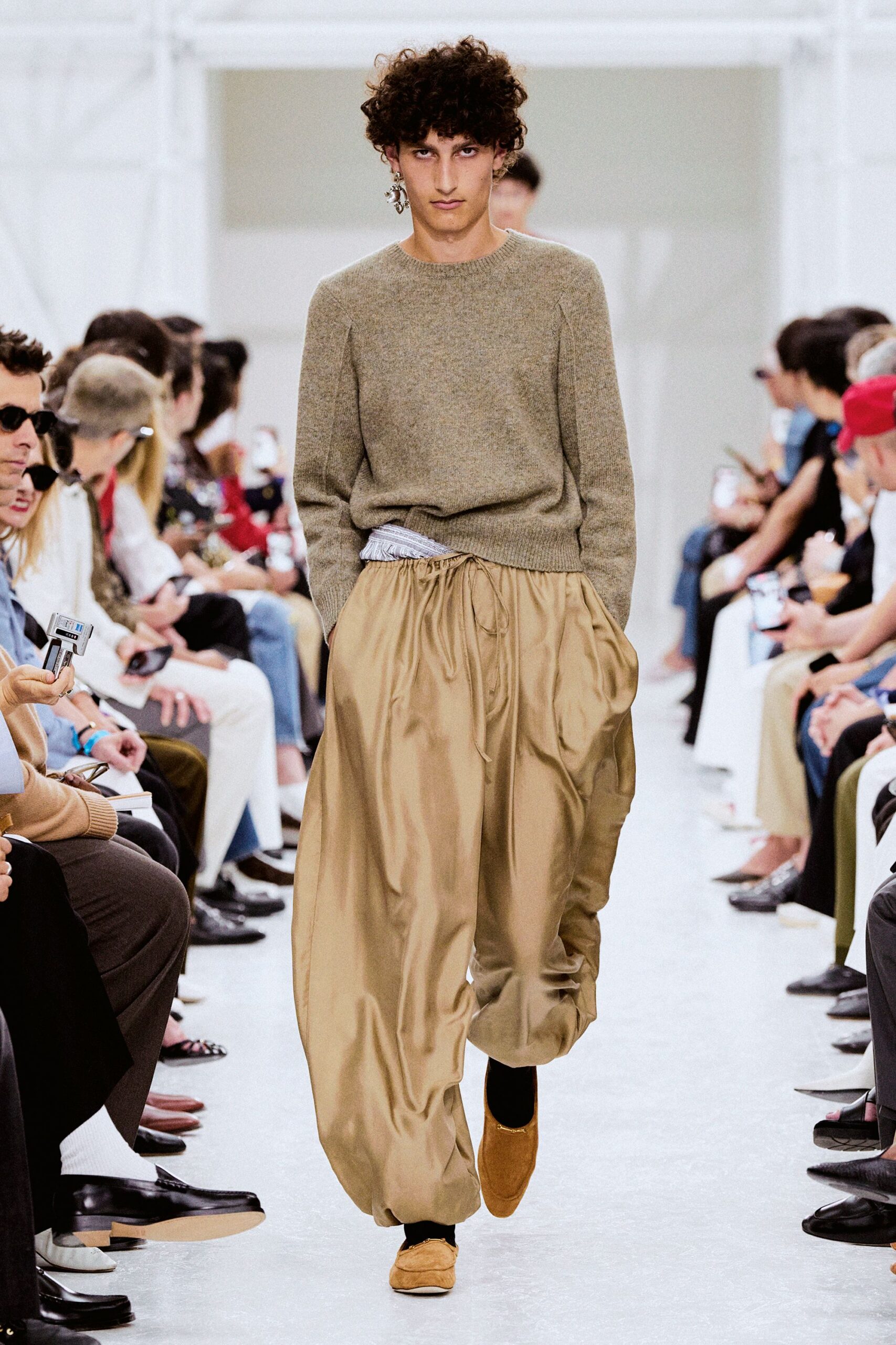 beige silk relaxed high-waisted pleated pants