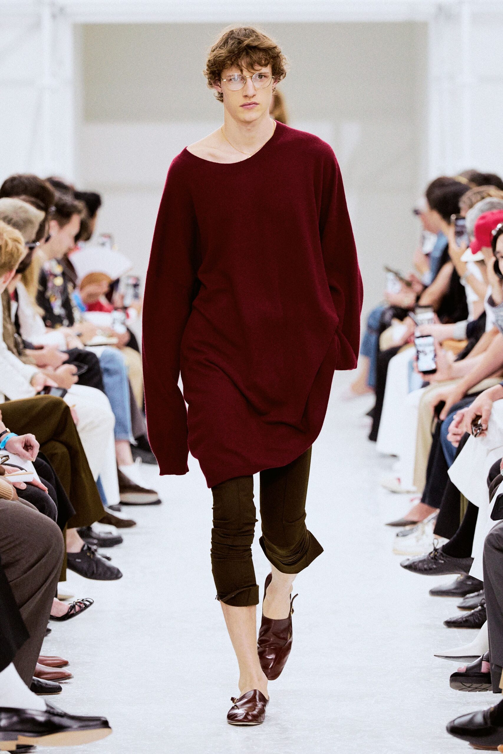 oversized red sweater with brown pants