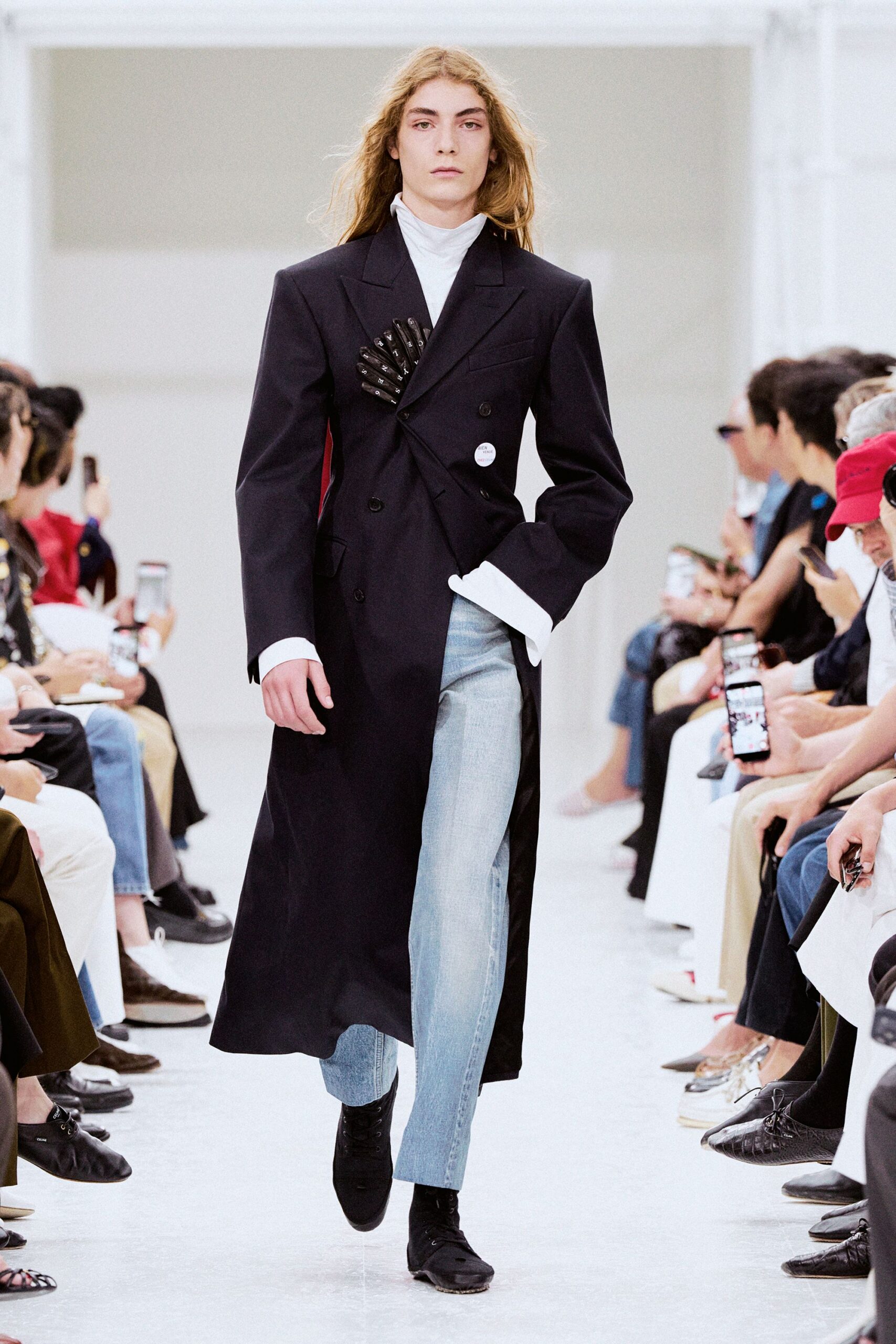 black wool coat with denim pants