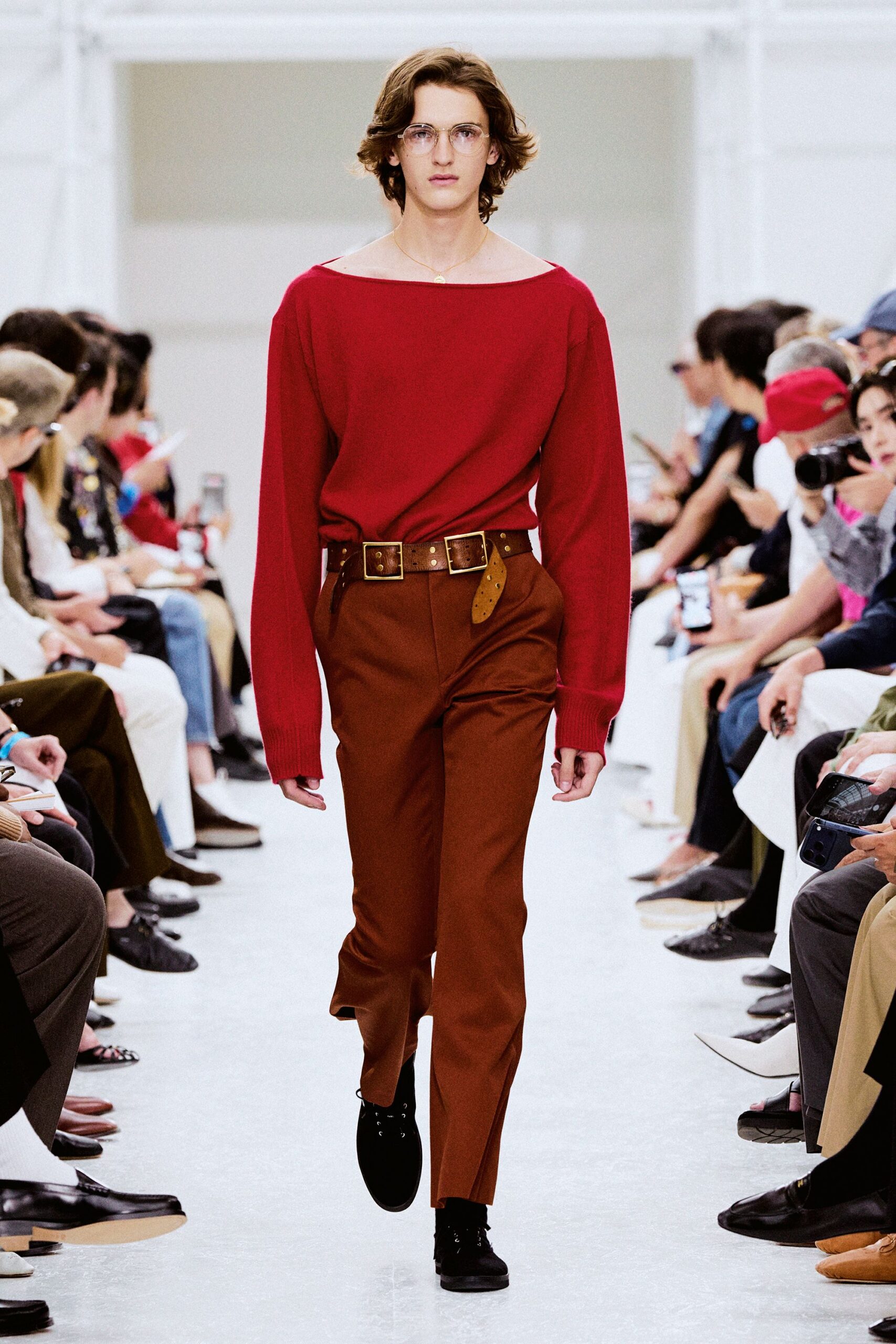 red relaxed sweater brown tailored pants