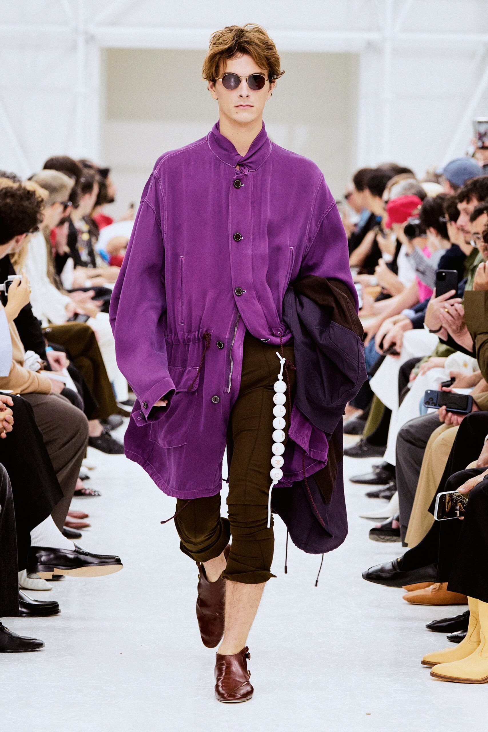 purple cotton long-sleeve collared oversized buttoned jacket