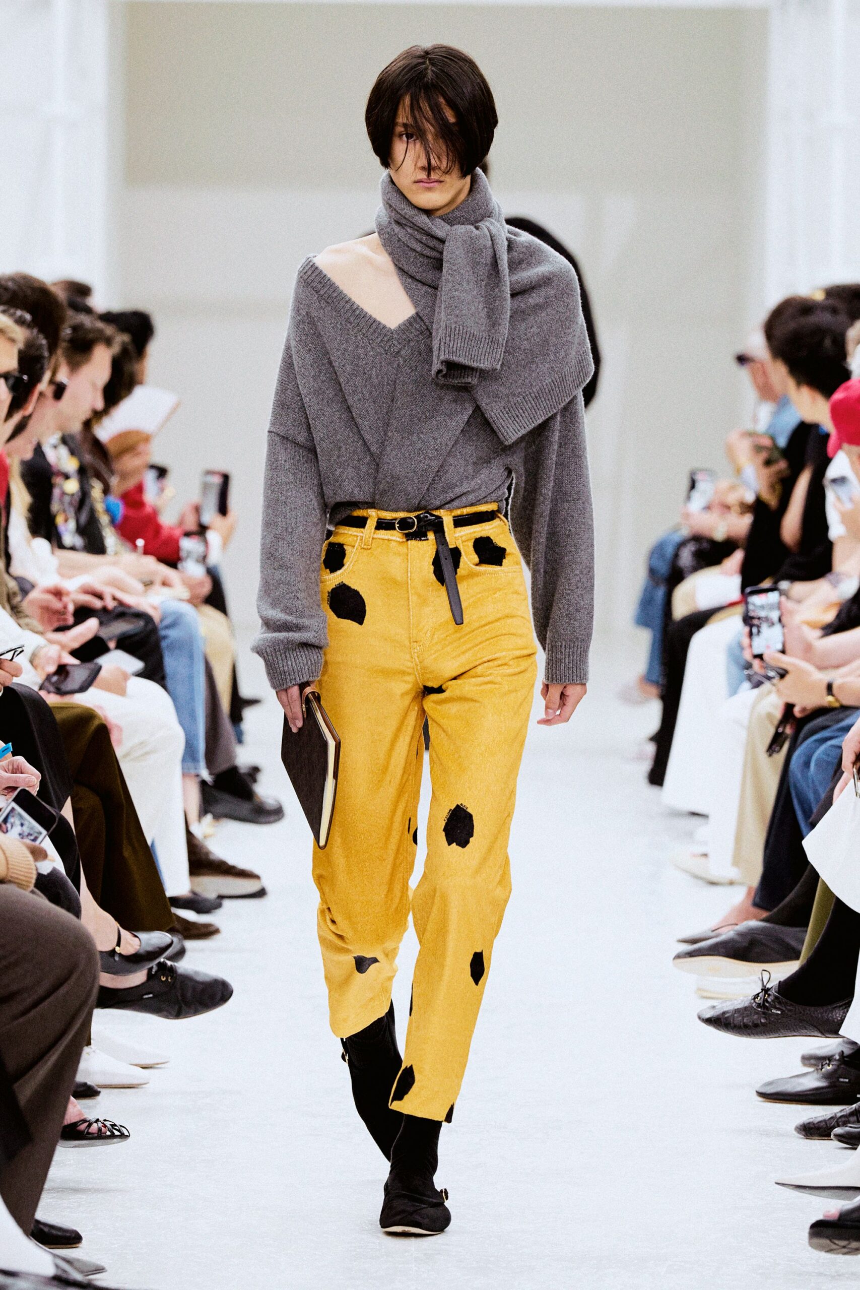 gray wool sweater with yellow pants