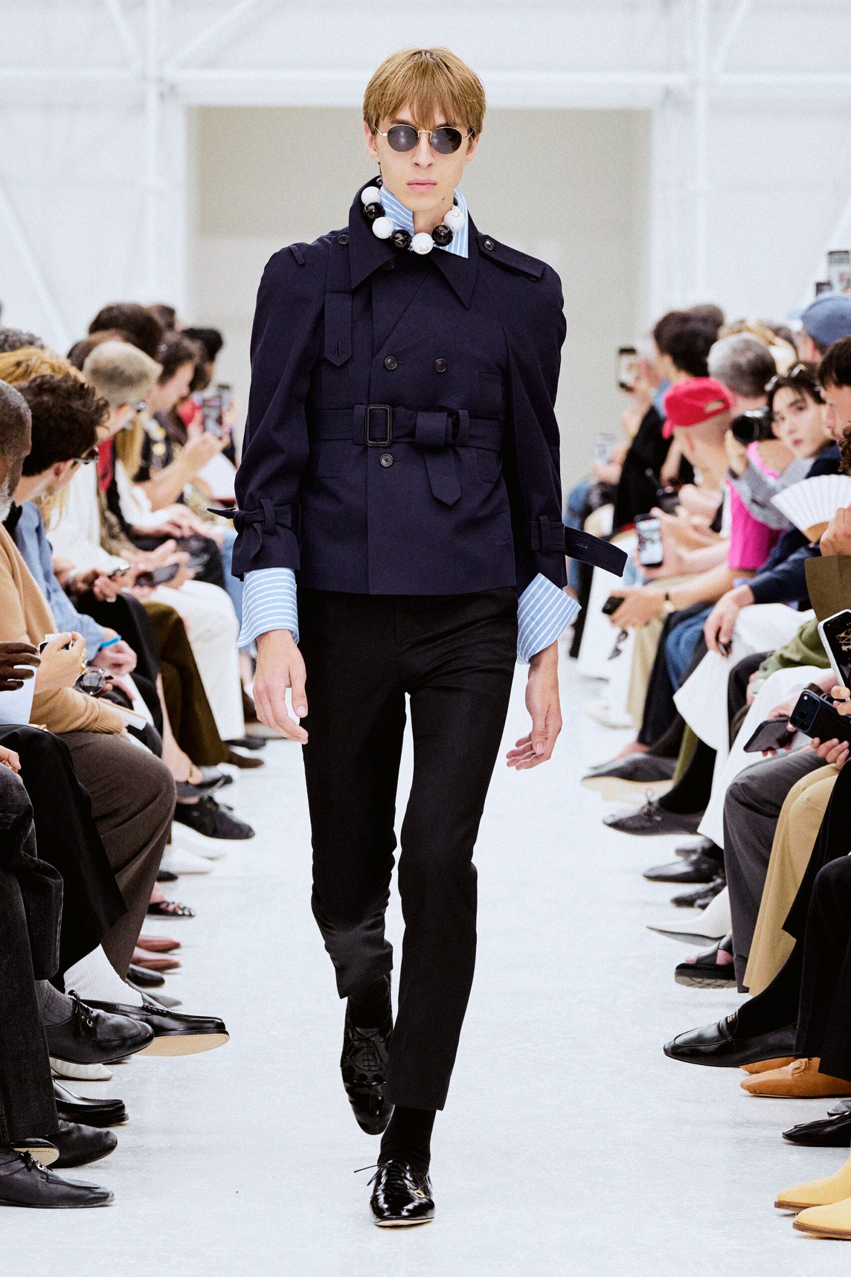 navy tailored jacket with blue shirt