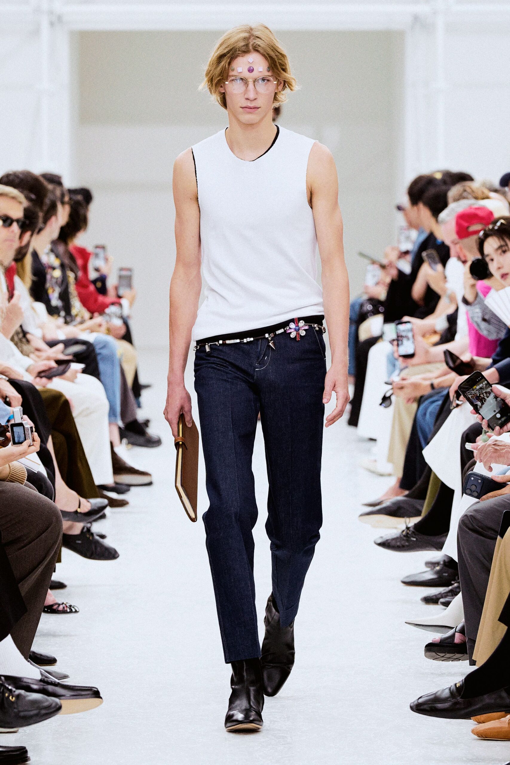 white tank-top blue pants