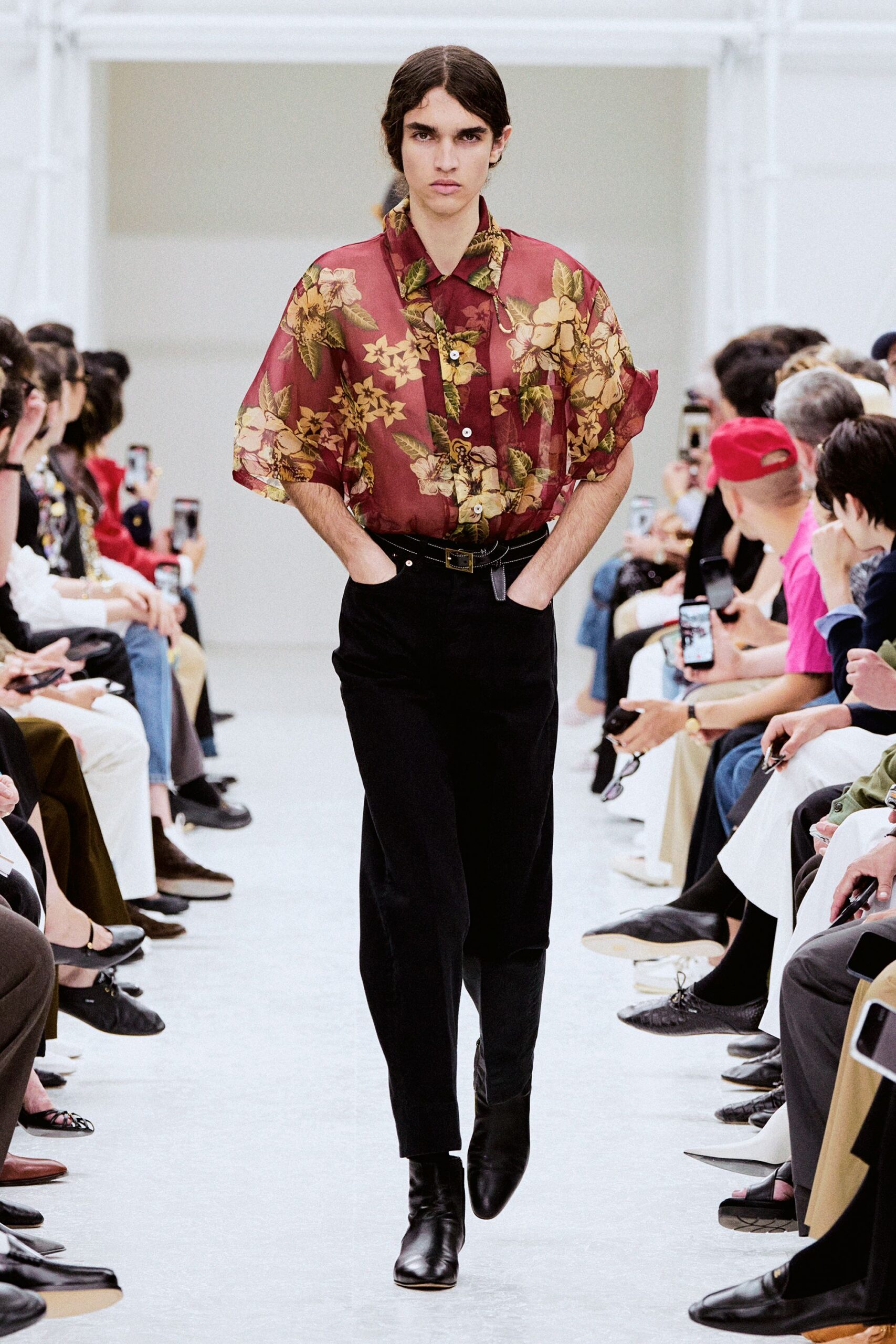 sheer floral shirt with tailored pants