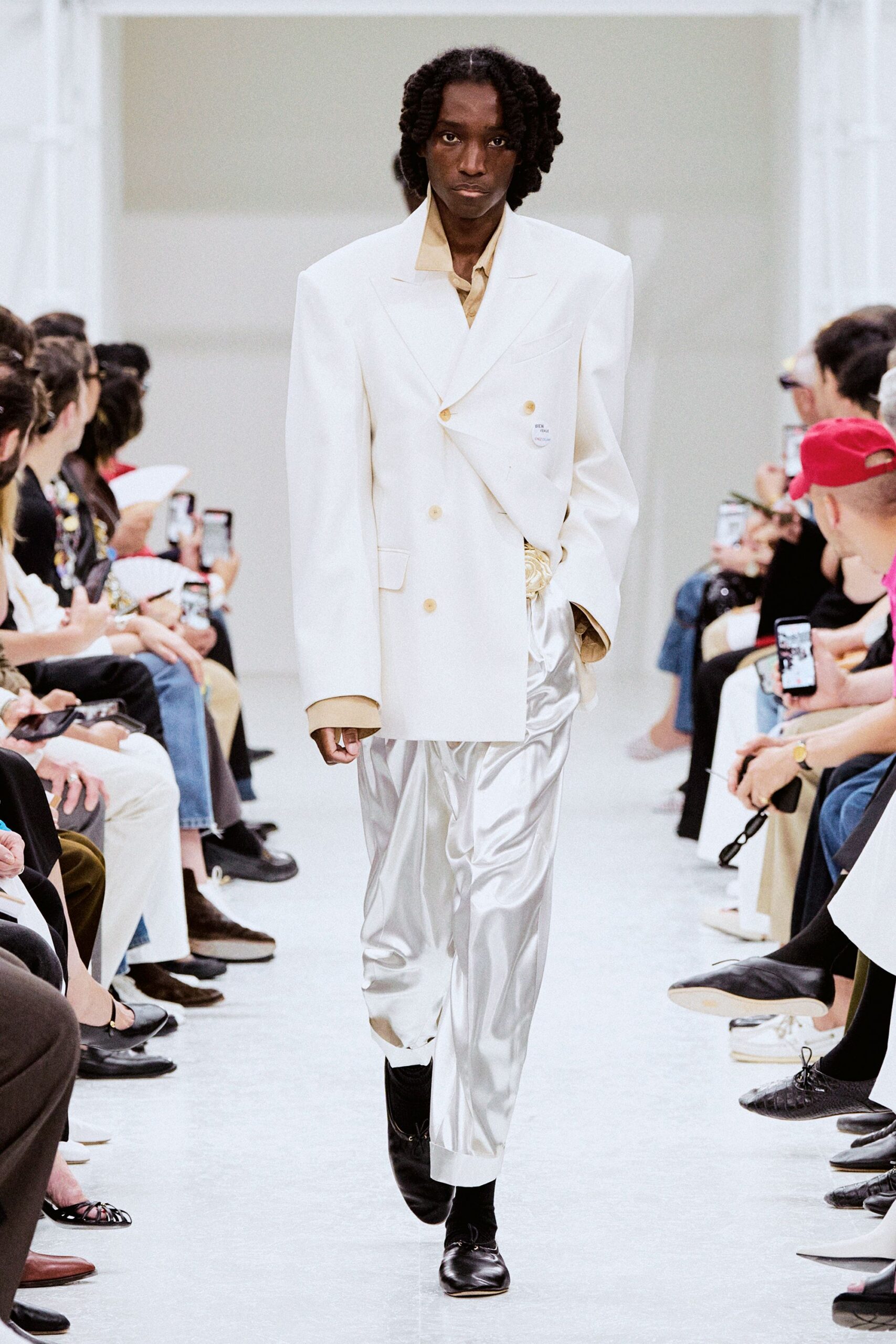 gray relaxed straight-leg shiny pants
