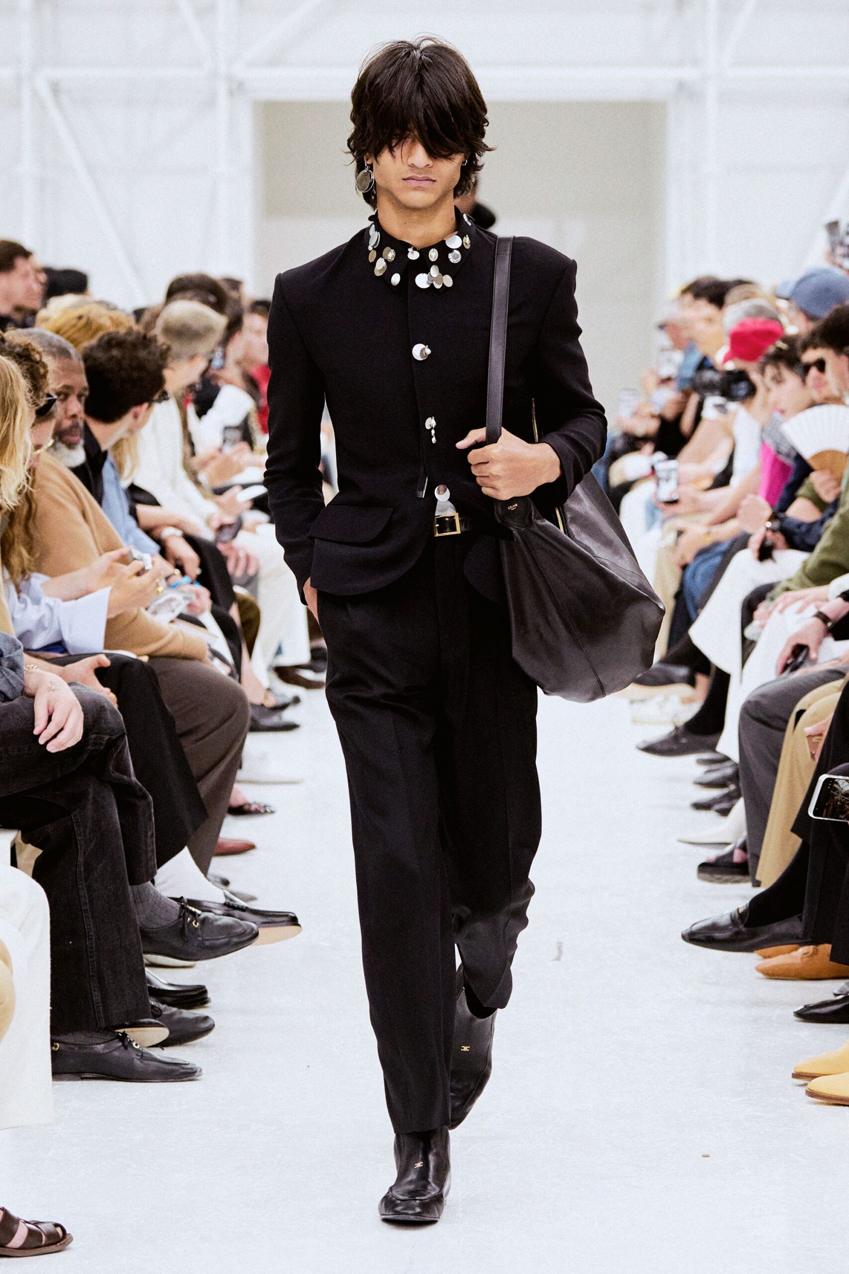 black wool long-sleeve collared tailored buttoned embellished blazer