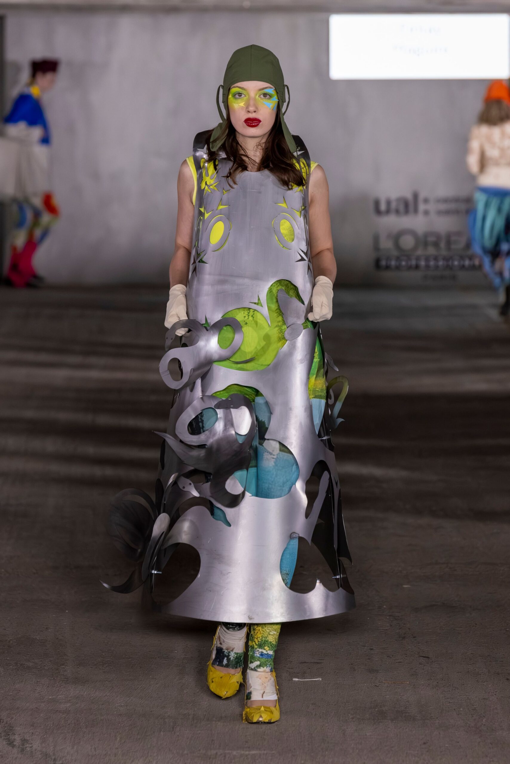 gray metallic sleeveless high-neck fitted layered printed dress