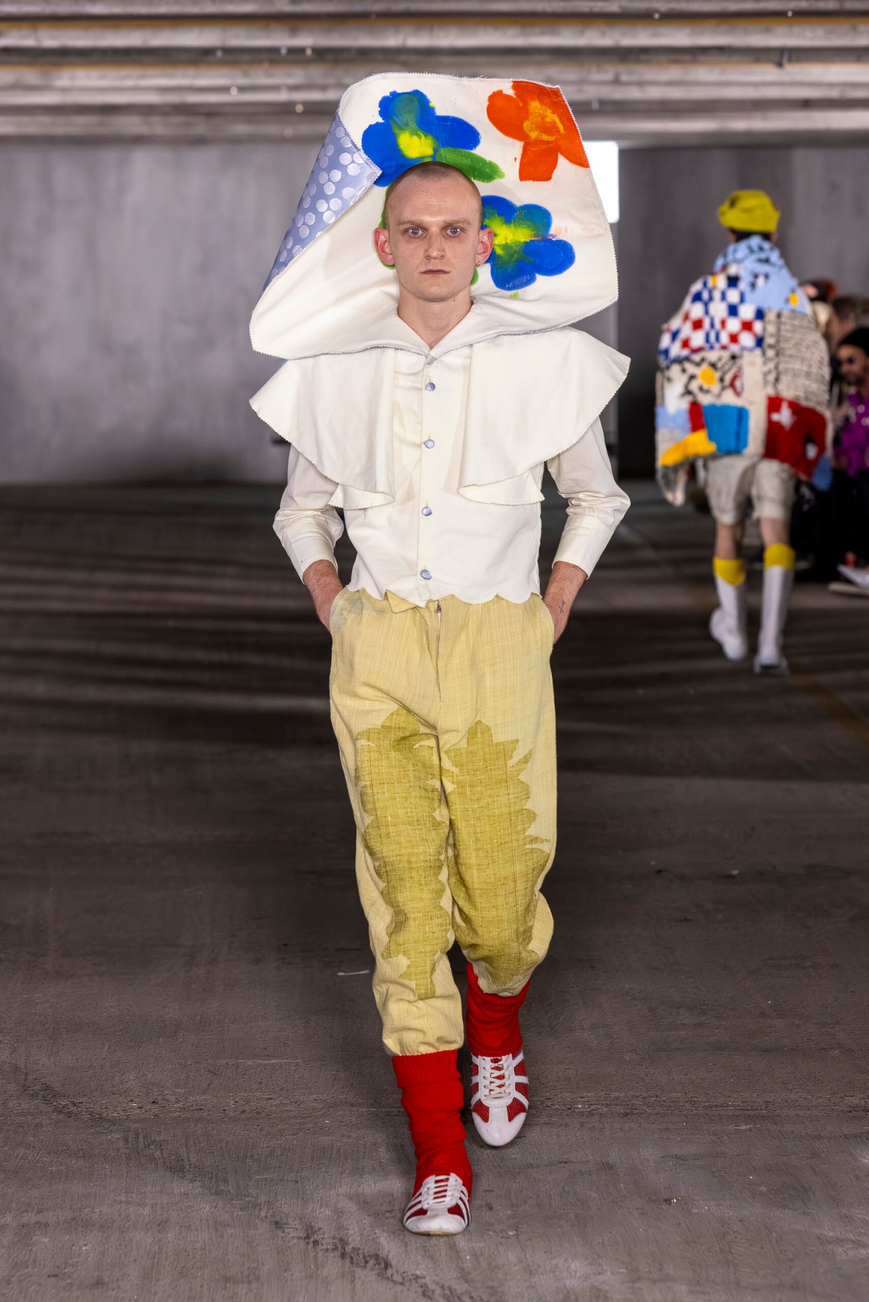 white shirt yellow pants red shoes