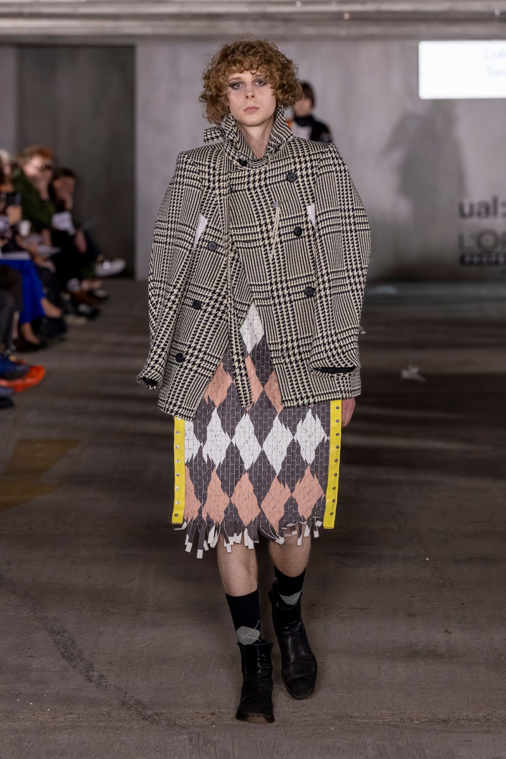 black wool long-sleeve collared structured checked coat