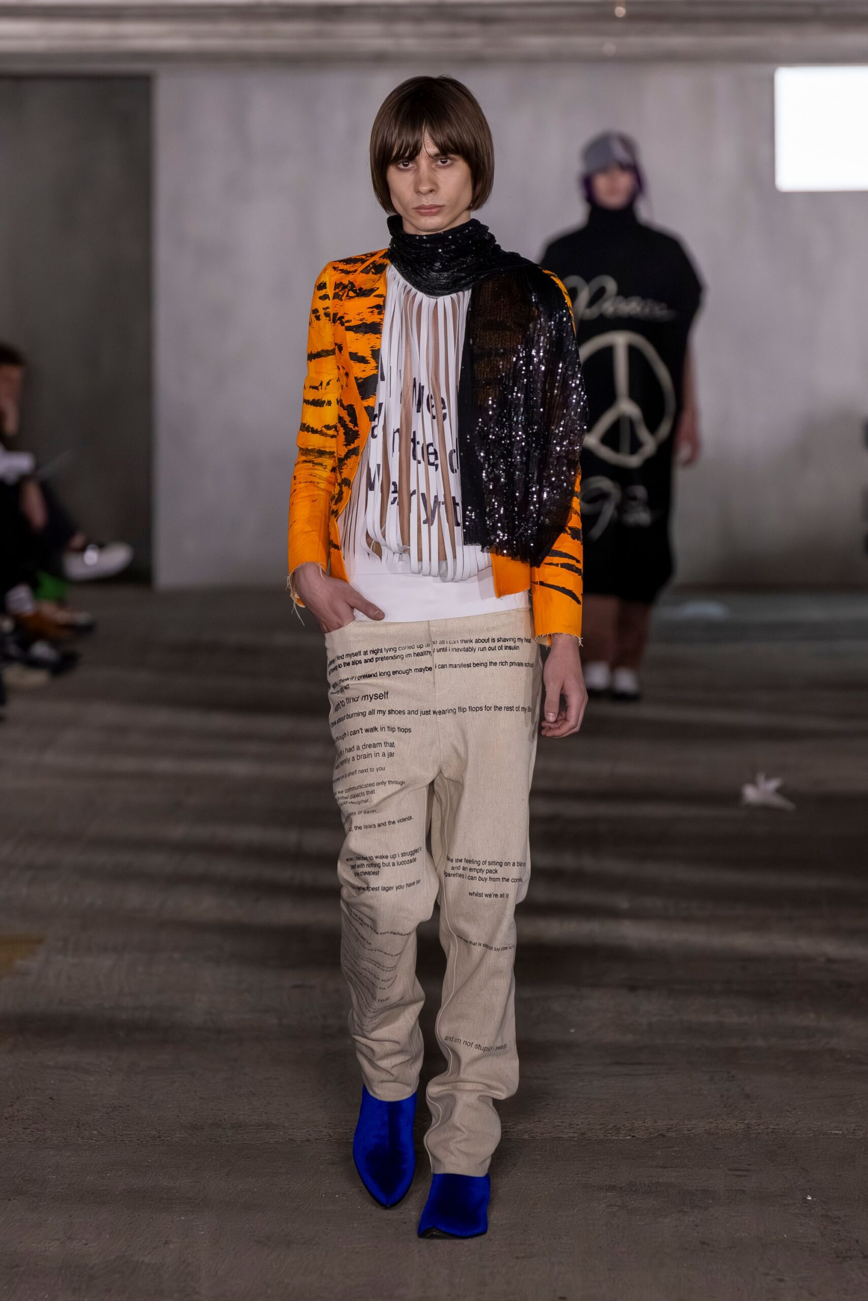 orange cotton long-sleeve collared fitted printed jacket