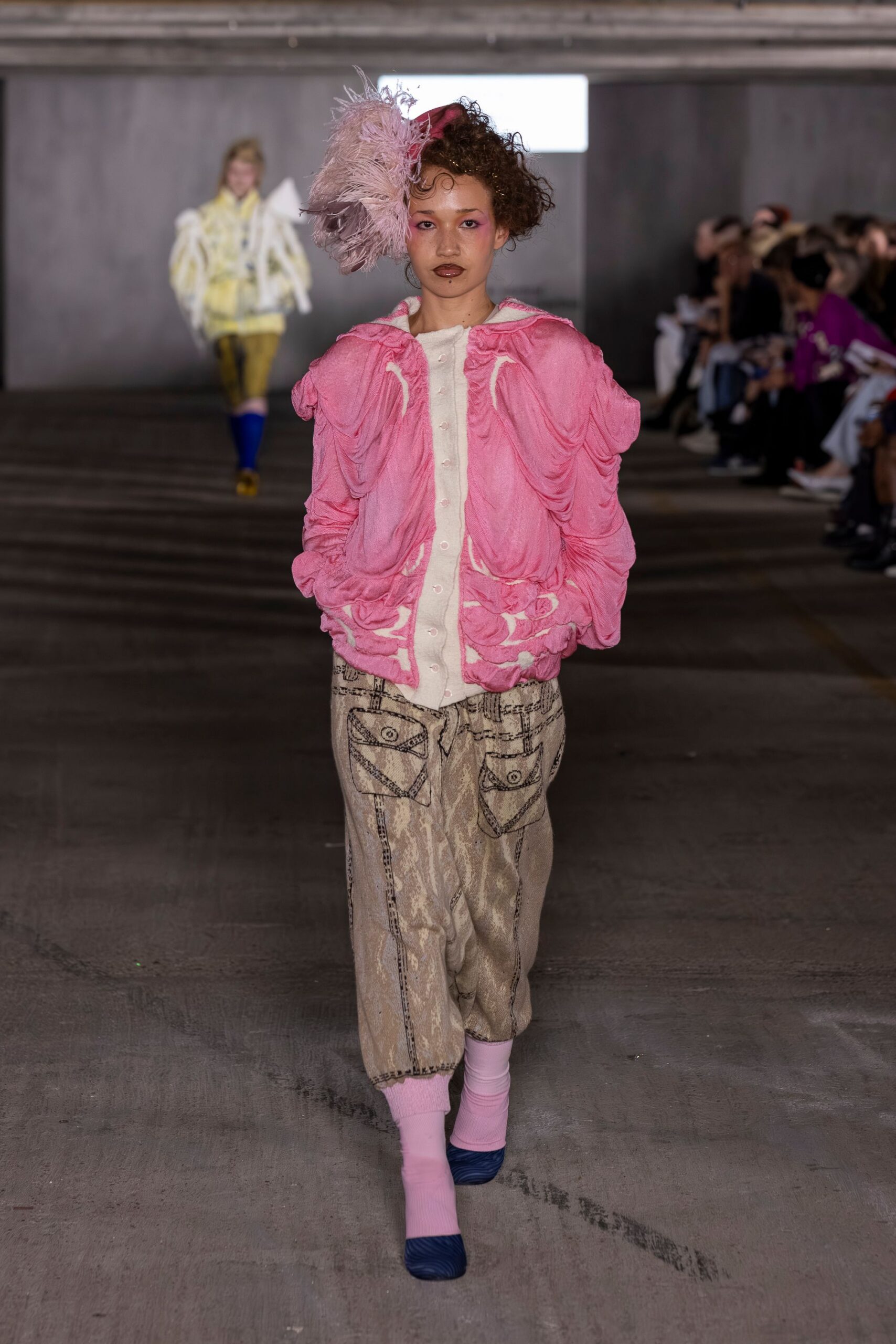 pink silk long-sleeve collared fitted ruffled jacket