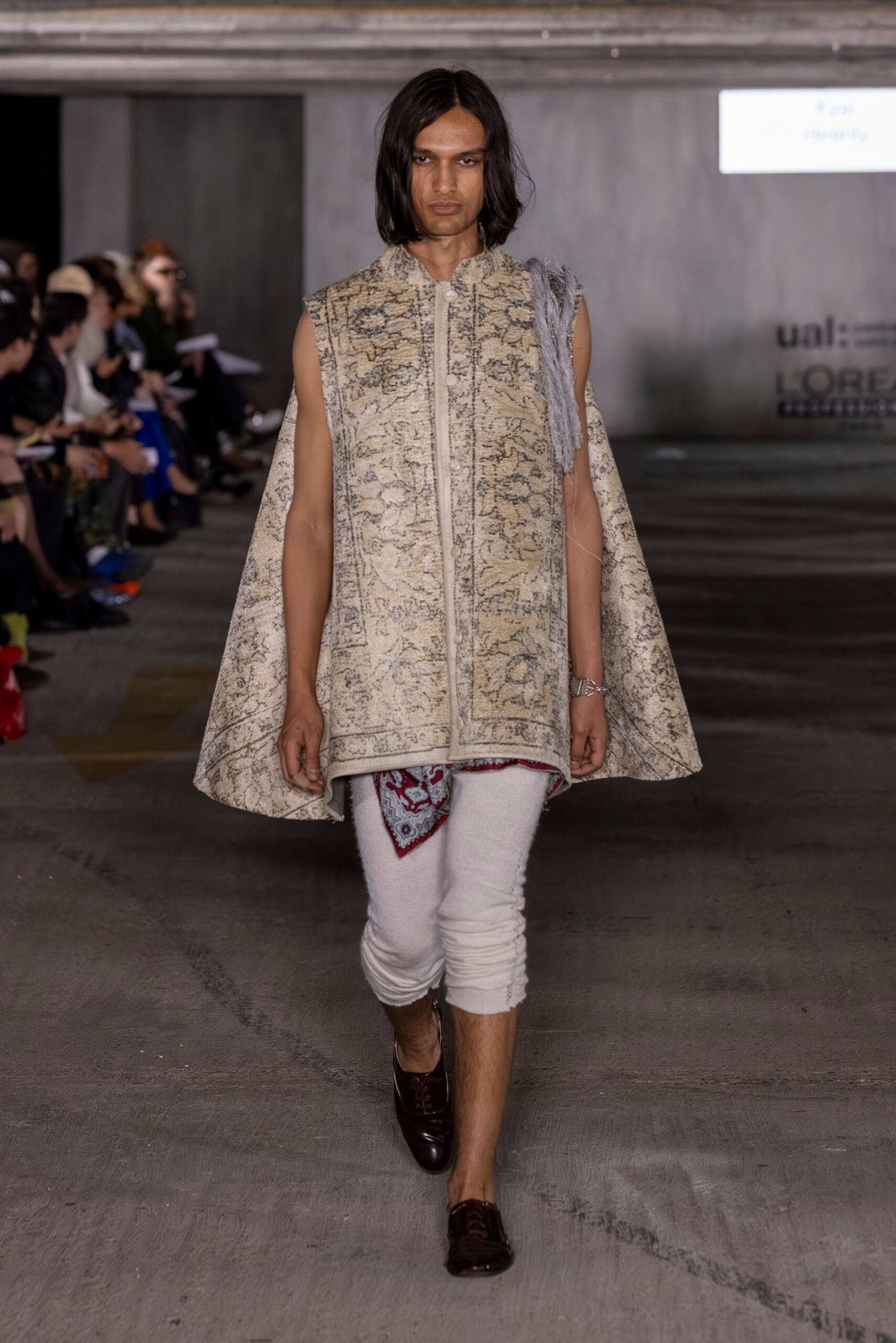 beige silk sleeveless collared relaxed embroidered cape