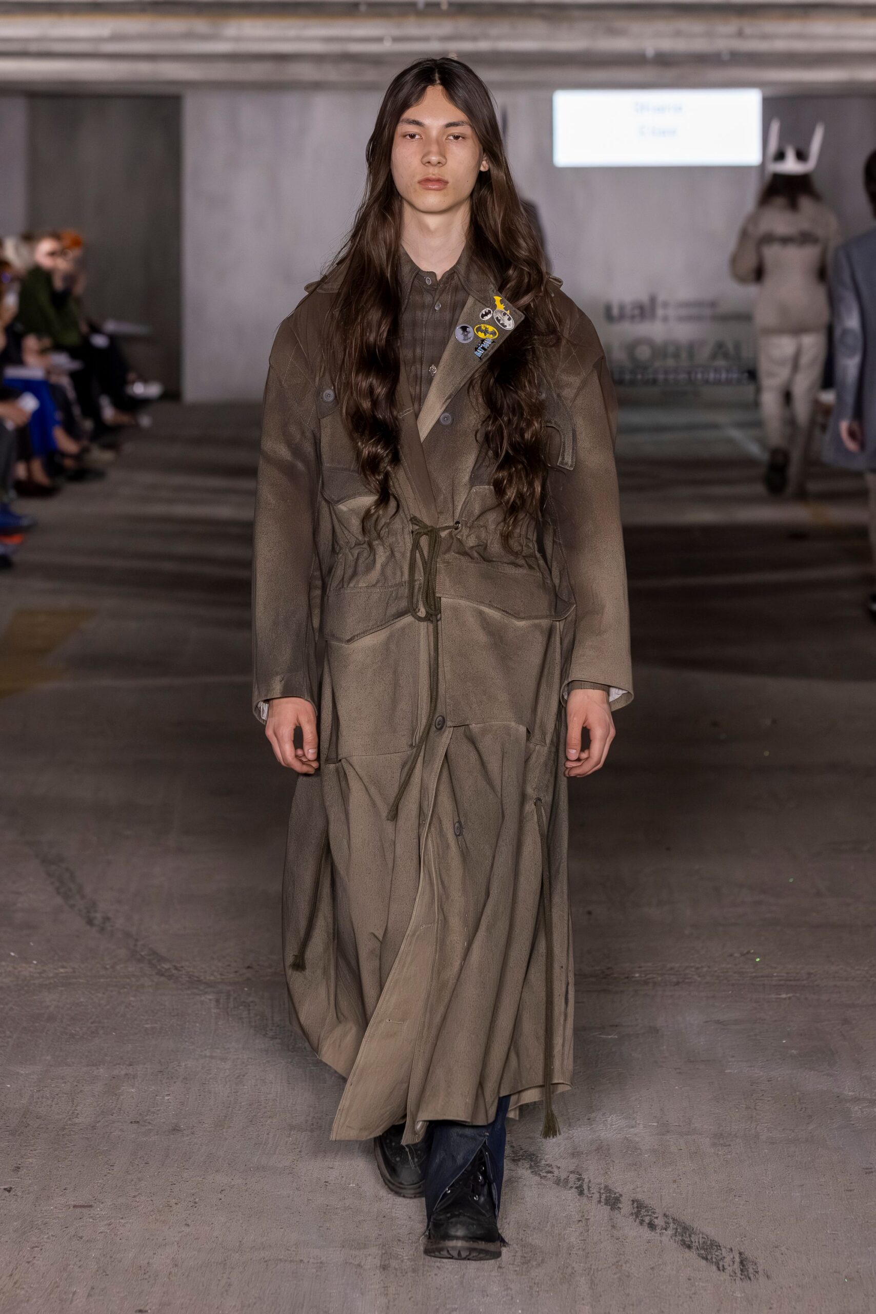 brown cotton long-sleeve collared relaxed belted layered coat