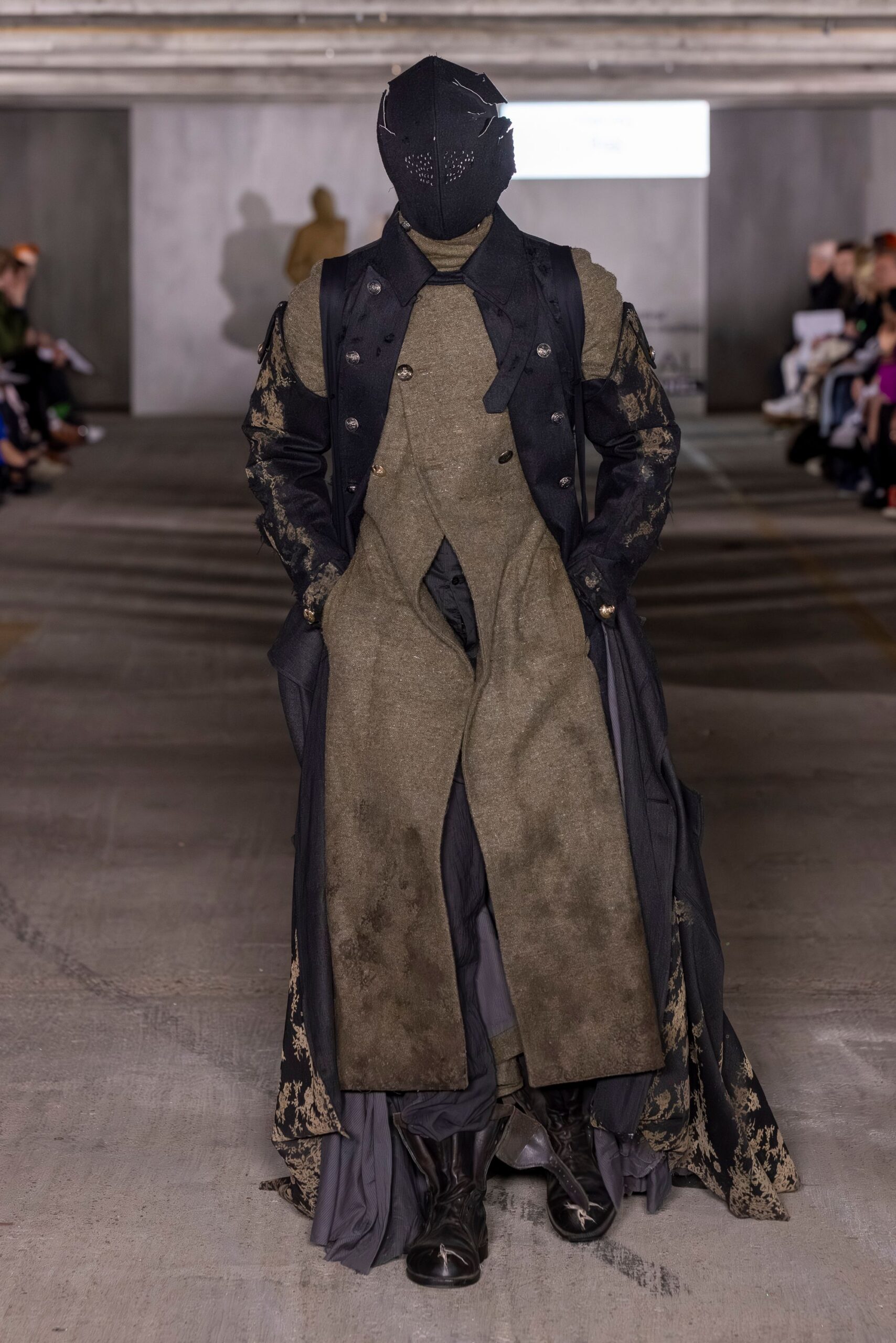 black wool long-sleeve collared relaxed layered buttoned coat
