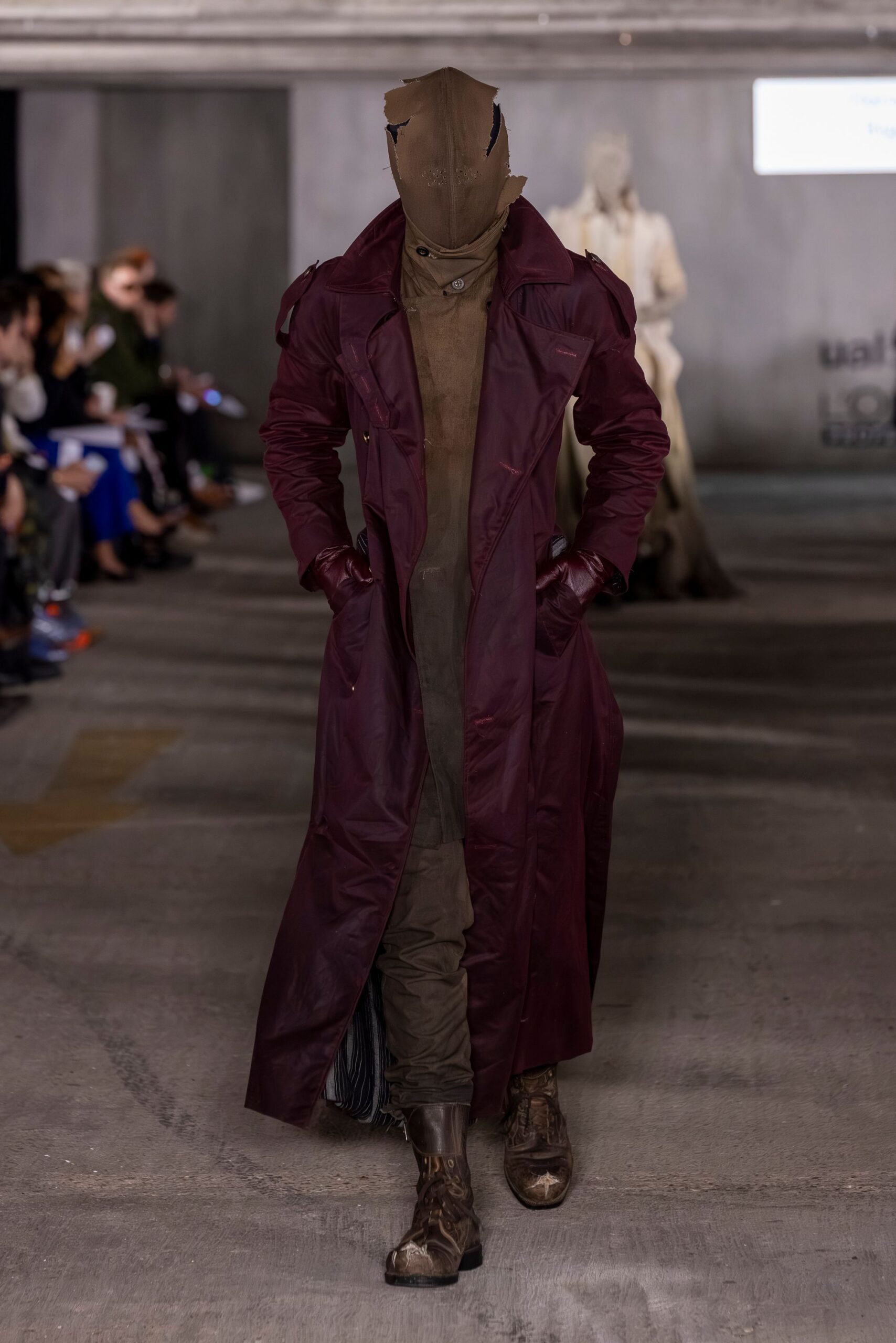 maroon leather long-sleeve collared fitted zippered buttoned trench
