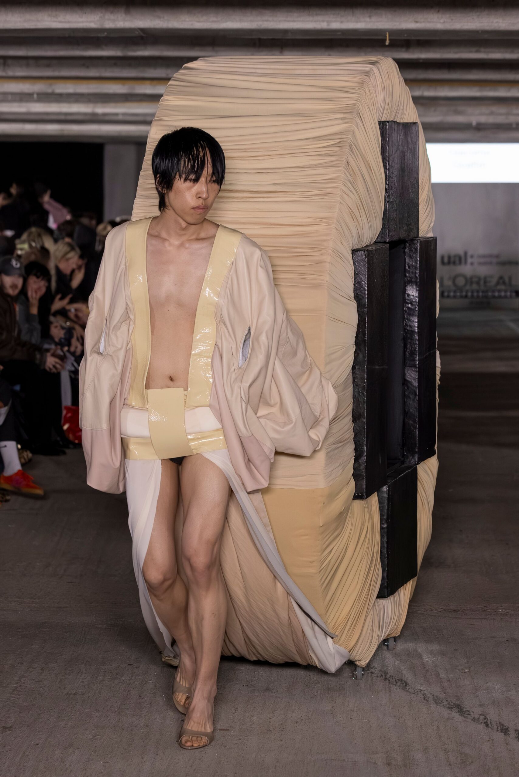 beige silk long-sleeve relaxed draped jacket