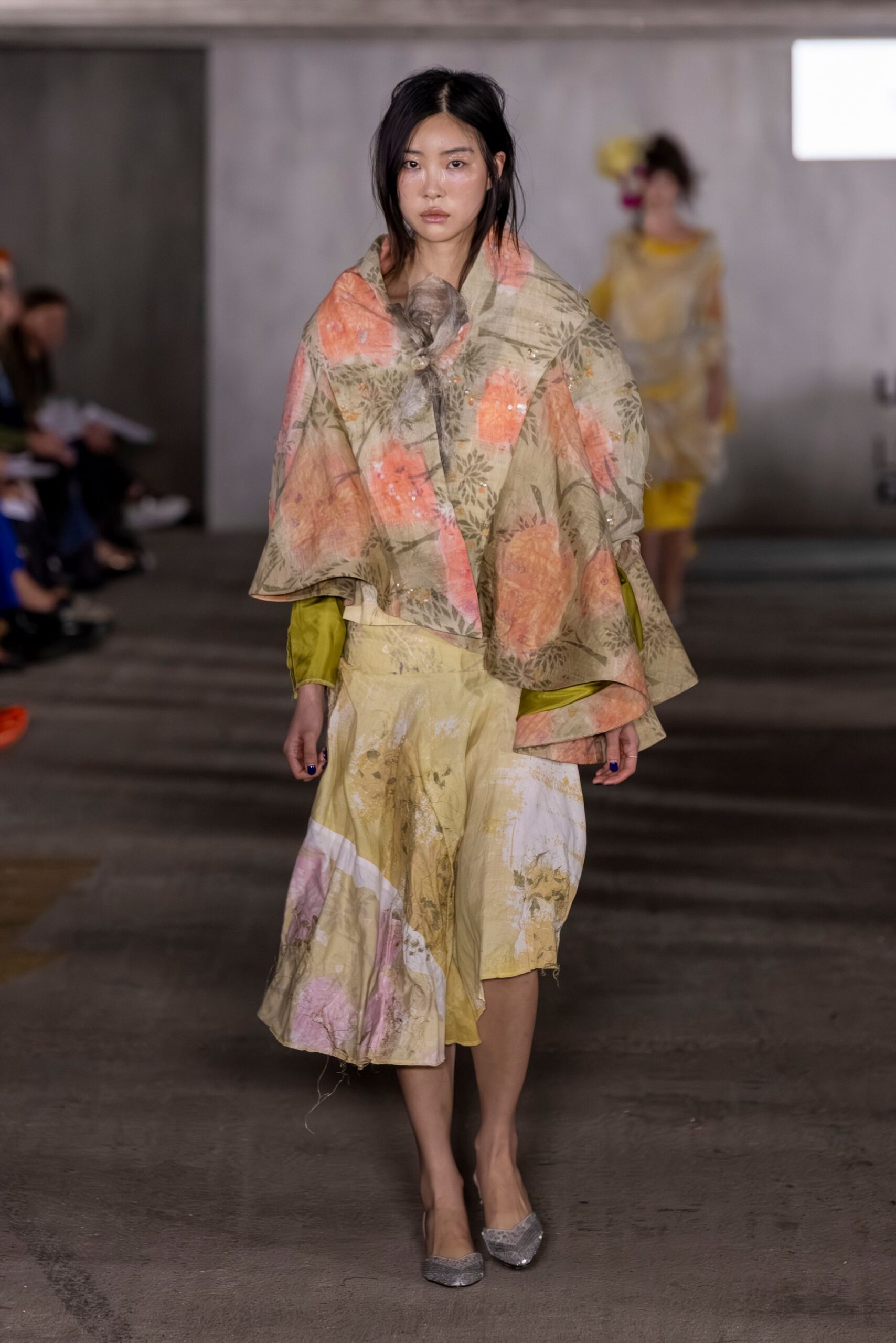 yellow silk long-sleeve collared relaxed floral layered top