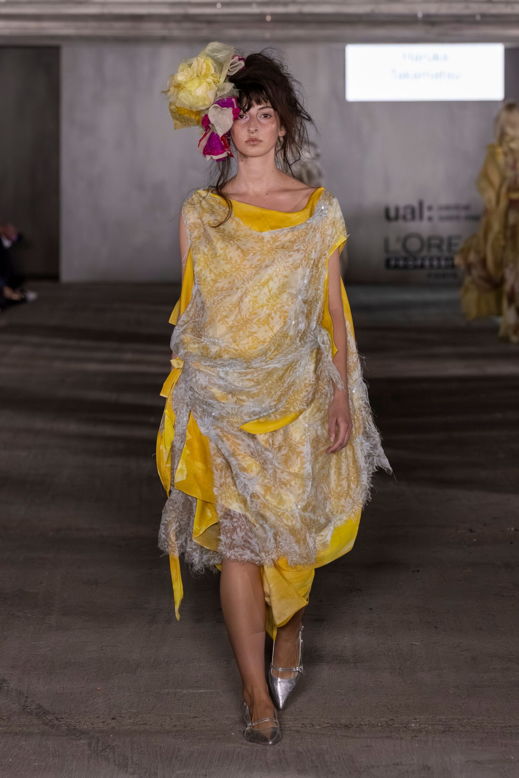 yellow silk sleeveless asymmetric relaxed draped layered dress