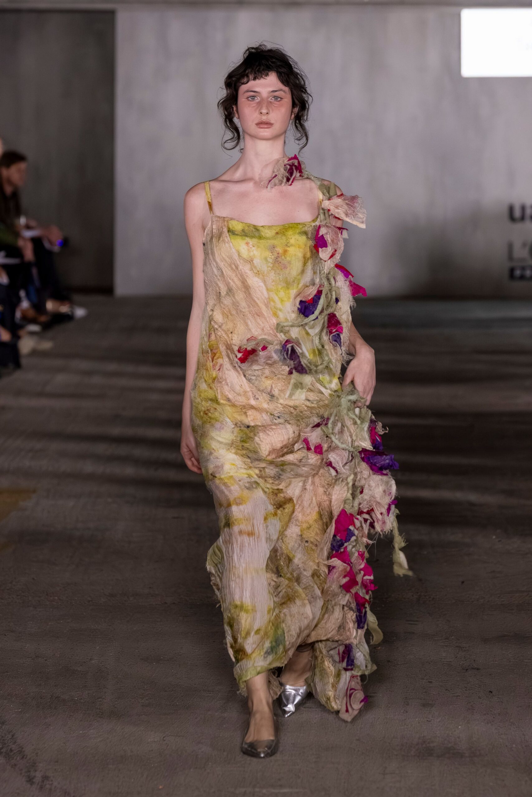 beige silk sleeveless relaxed floral draped flowing dress