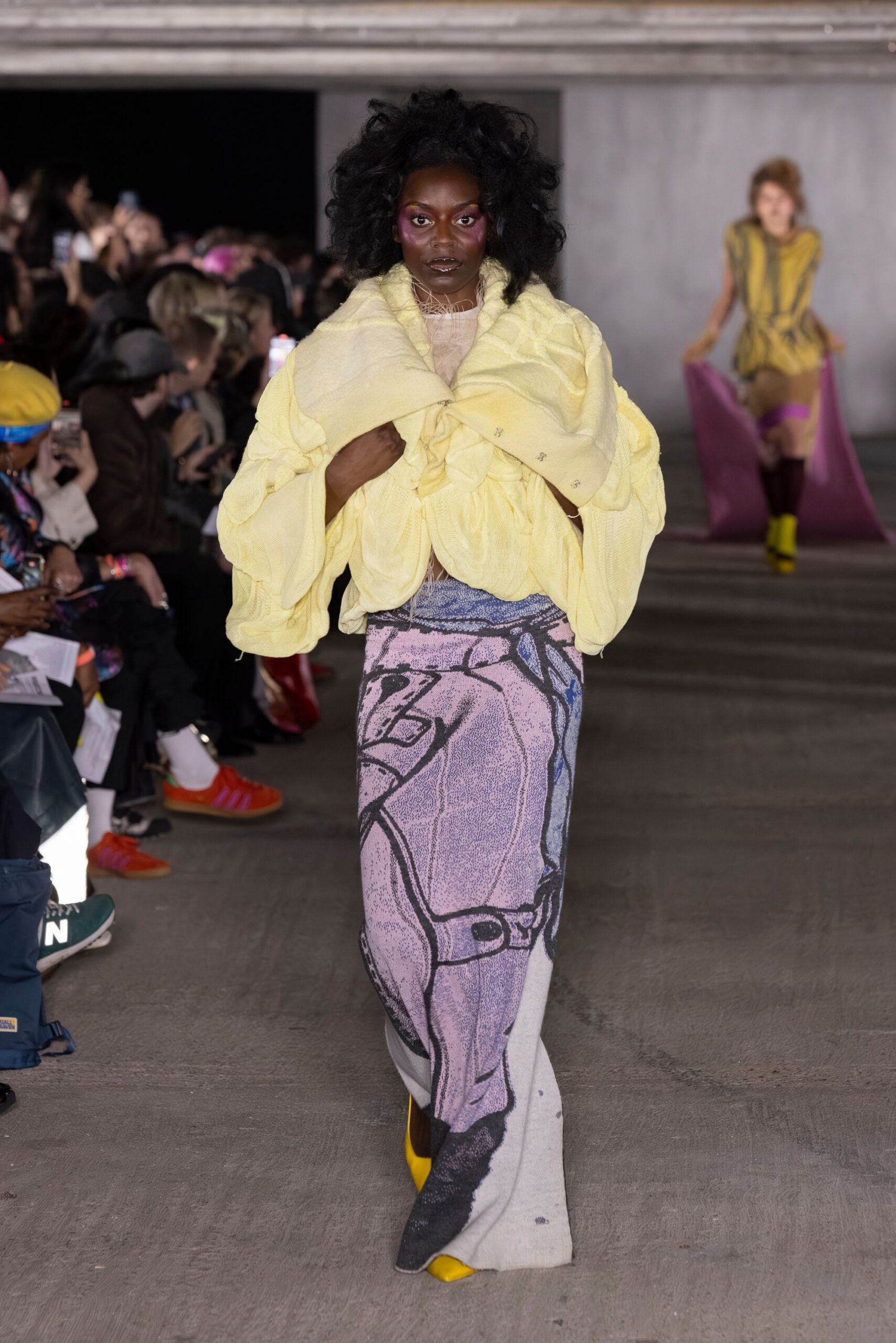 yellow silk long-sleeve collared relaxed ruffled top