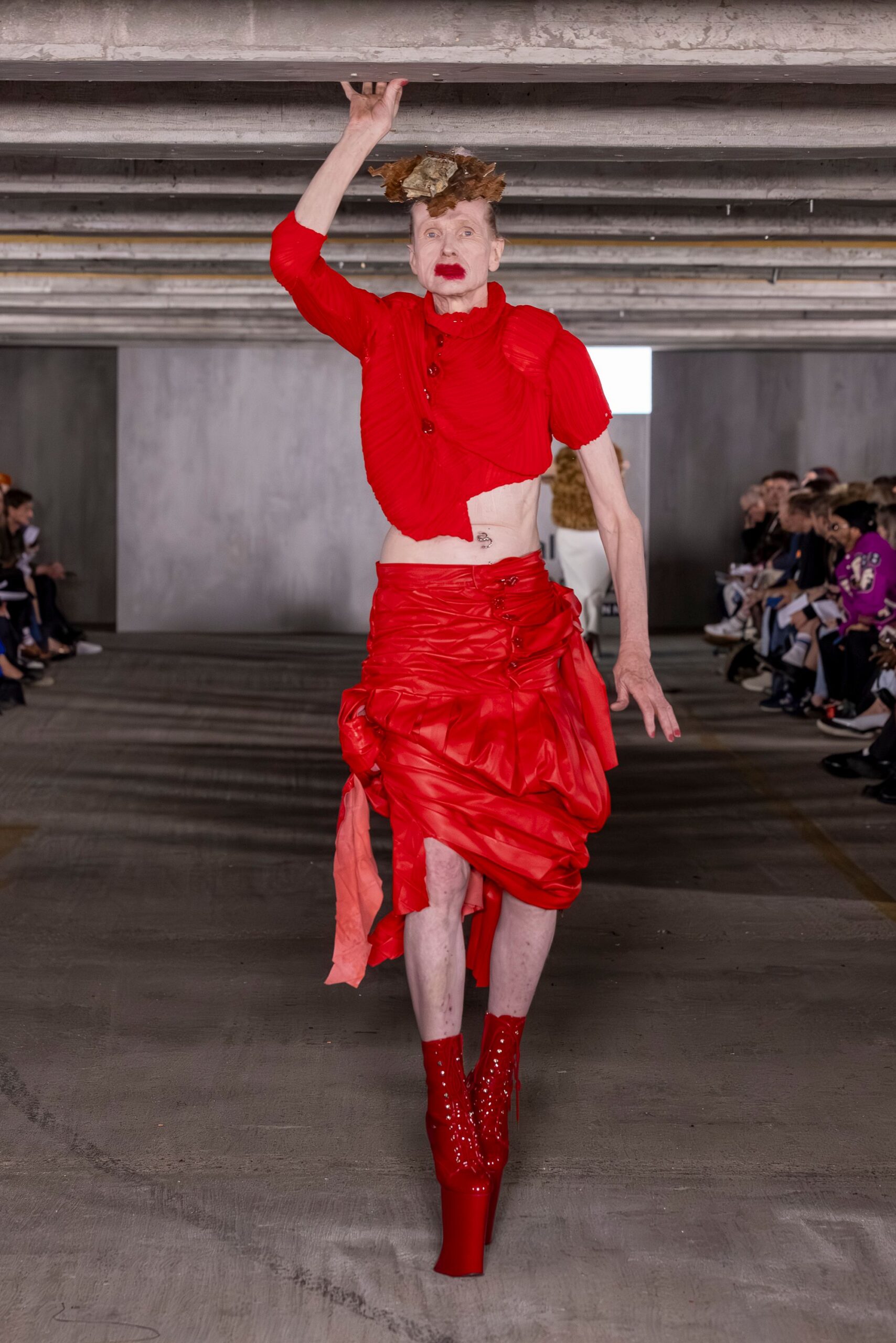 red cotton asymmetric fitted draped midi skirt