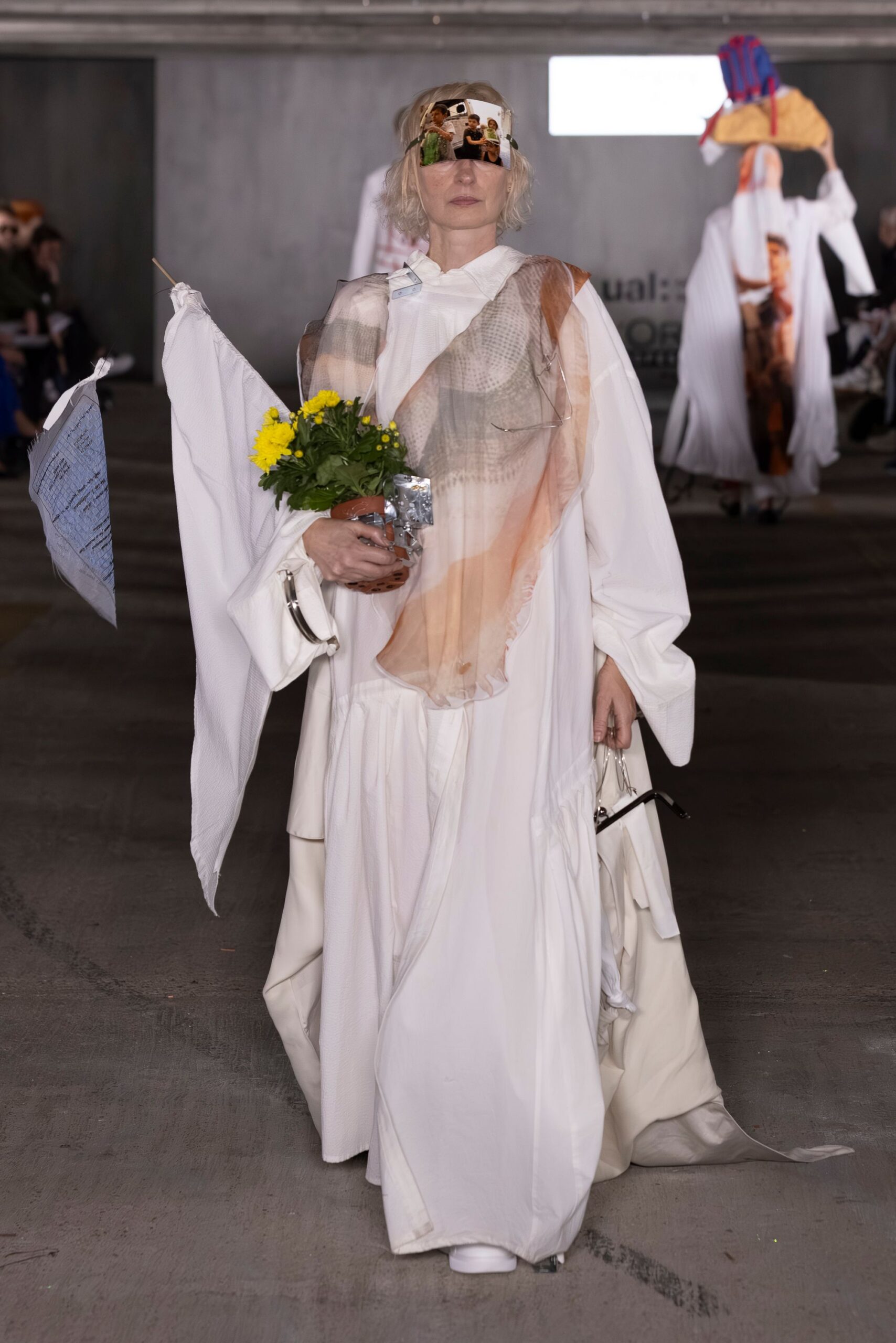 white cotton long-sleeve high-neck relaxed draped layered dress