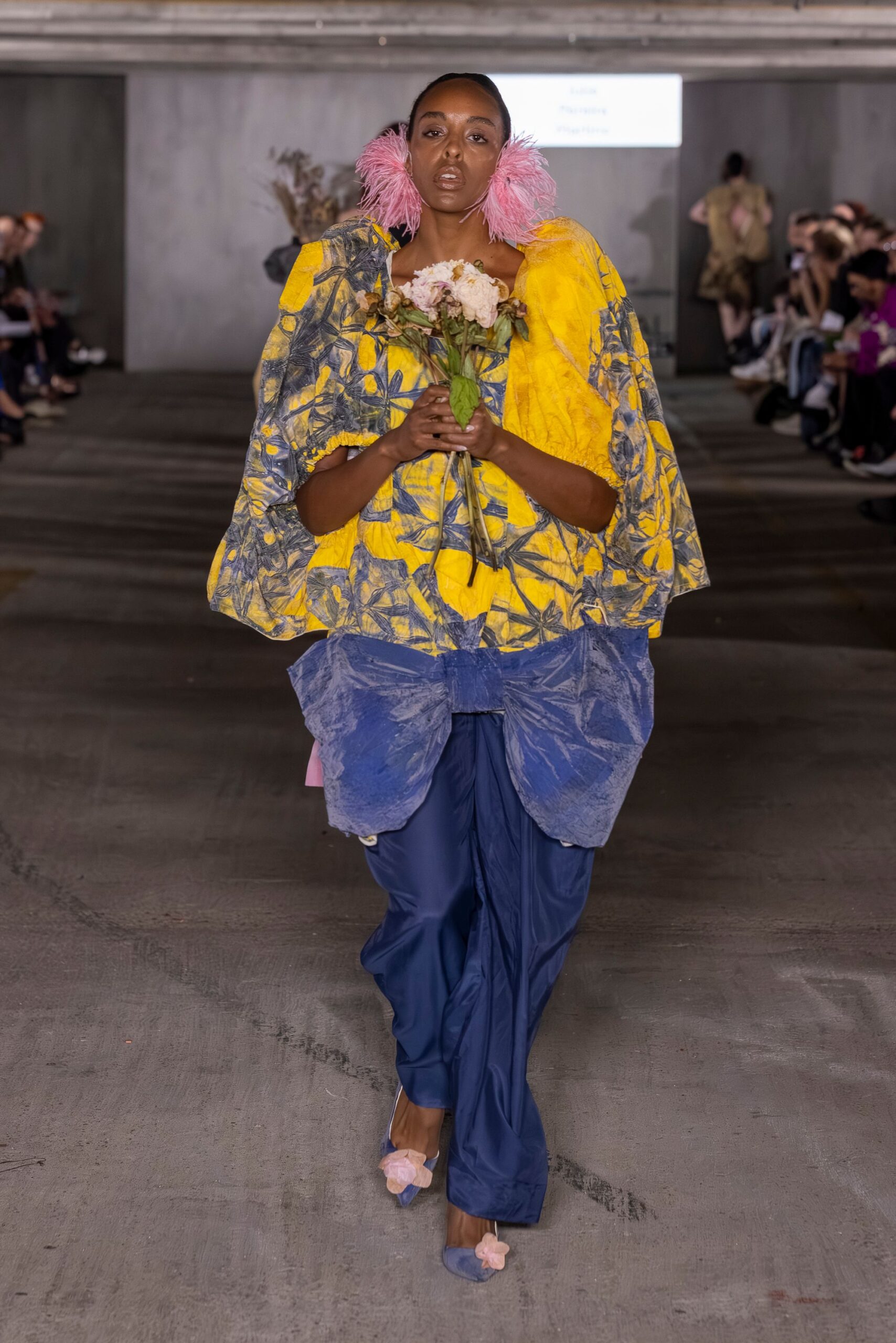 yellow cotton long-sleeve collared oversized layered printed top