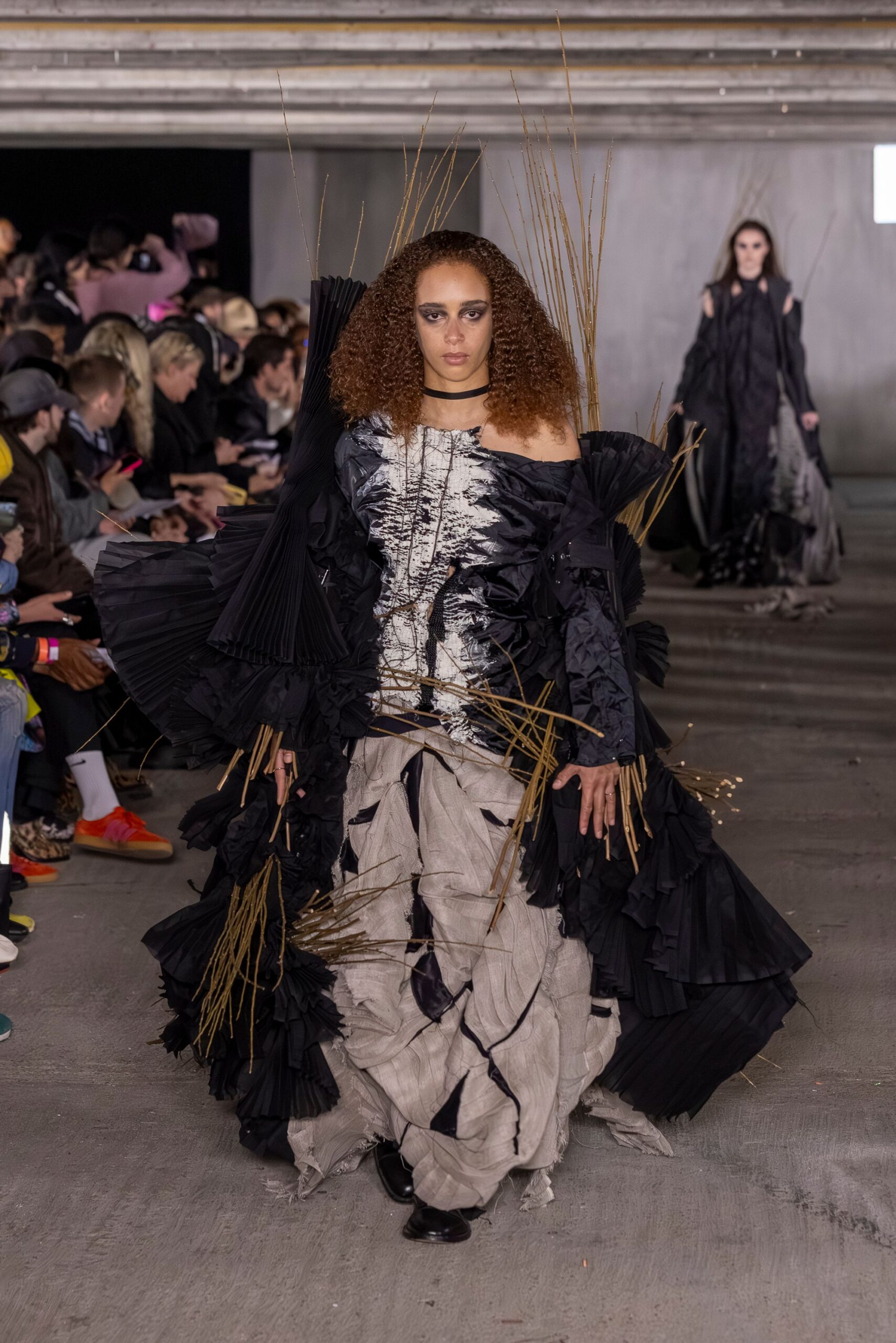 black and gray pleated gown