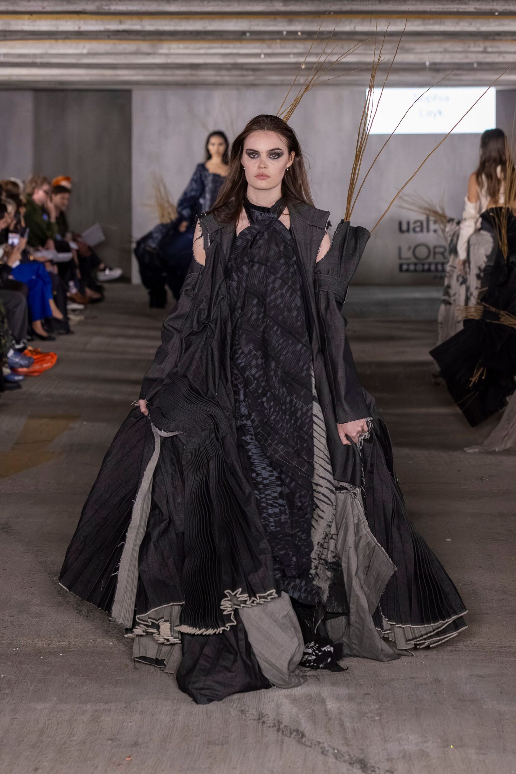black and gray pleated gown